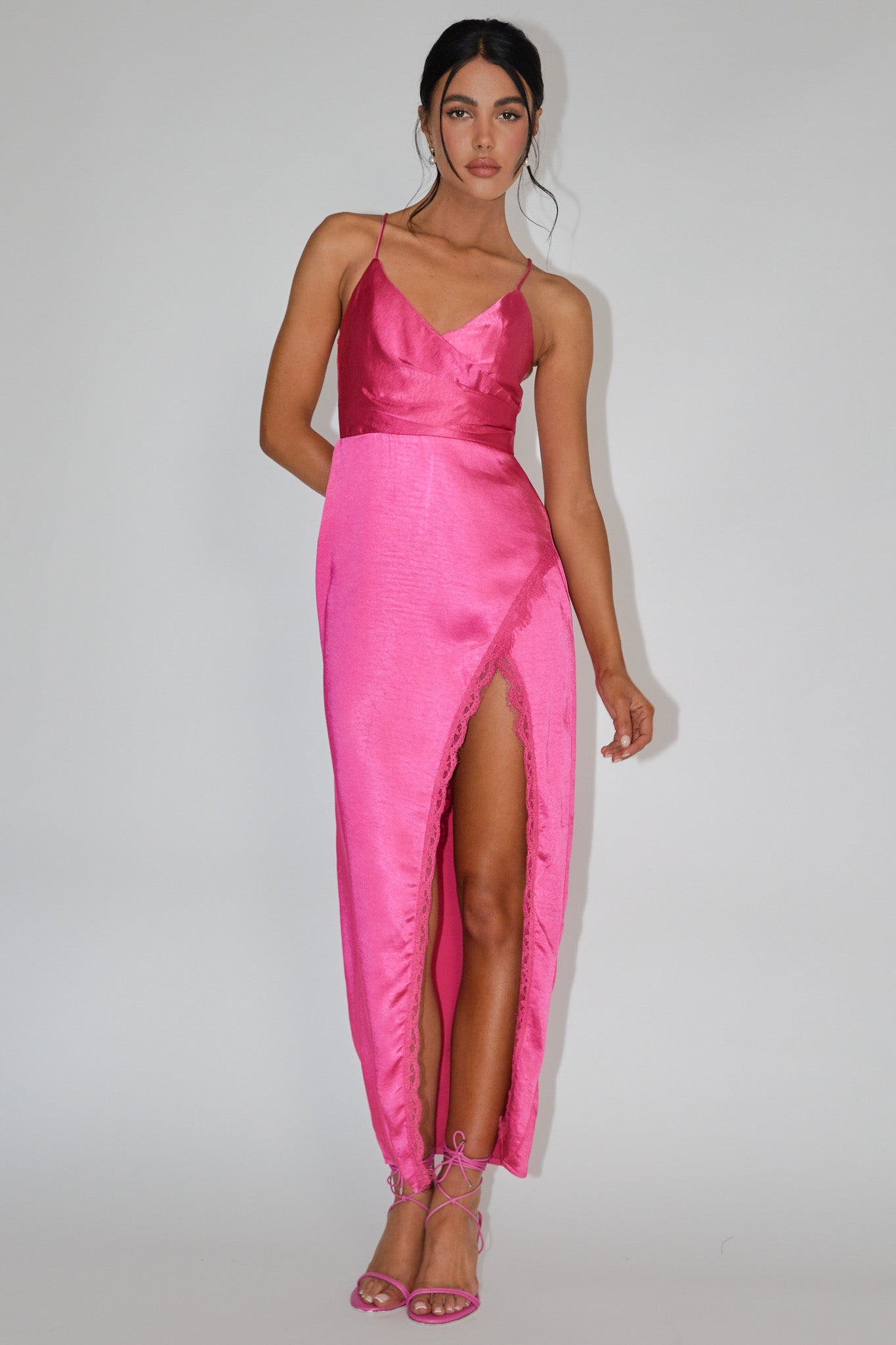 Winter Moon Lace Trim Midi Dress Hot Pink-Maymioy