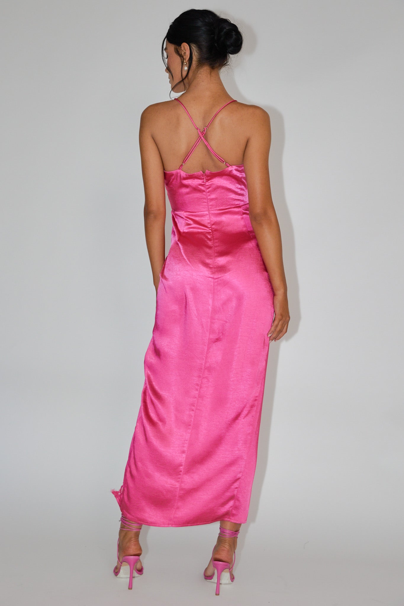 Winter Moon Lace Trim Midi Dress Hot Pink-Maymioy