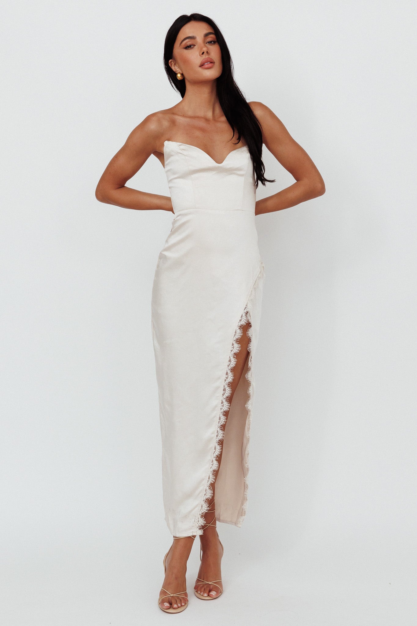 Winter Moon Strapless Lace Trim Midi Dress Champagne-Maymioy