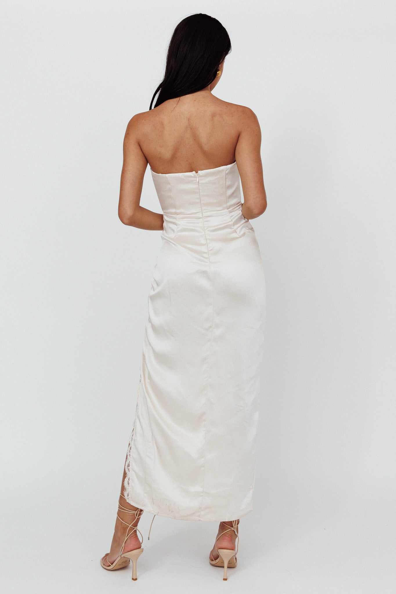 Winter Moon Strapless Lace Trim Midi Dress Champagne-Maymioy