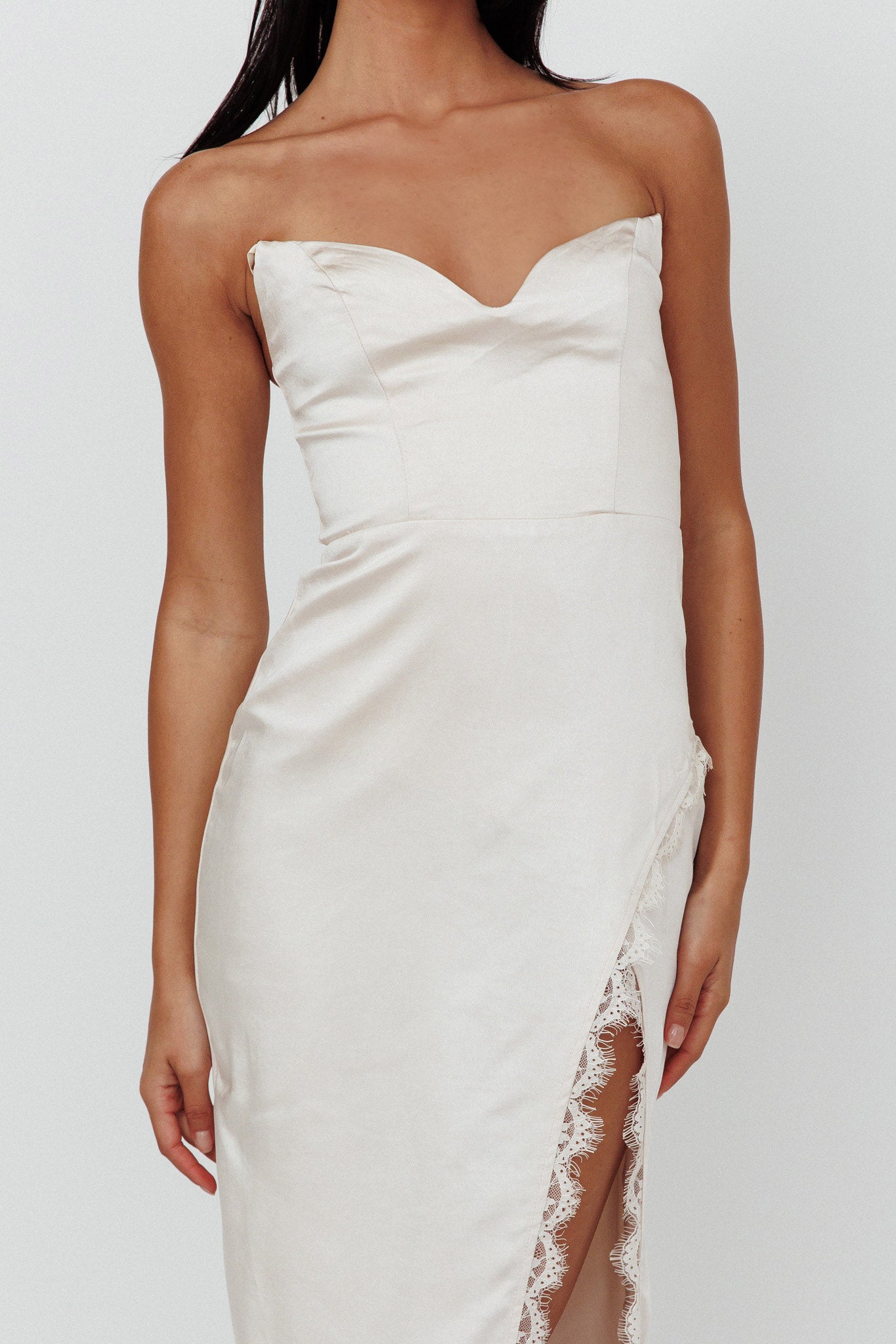 Winter Moon Strapless Lace Trim Midi Dress Champagne-Maymioy