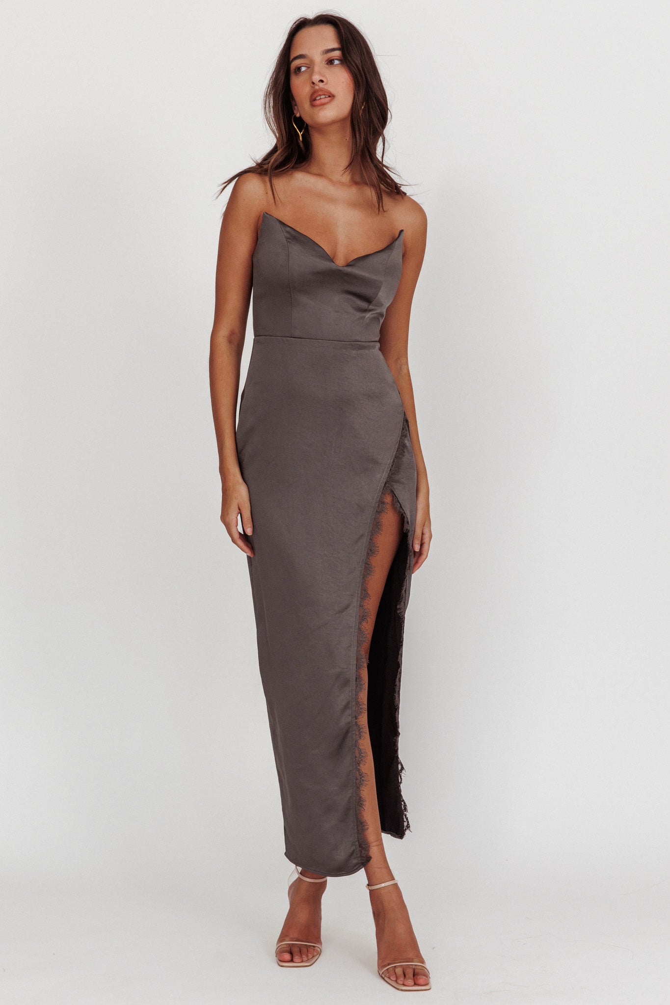 Winter Moon Strapless Lace Trim Midi Dress Charcoal-Maymioy