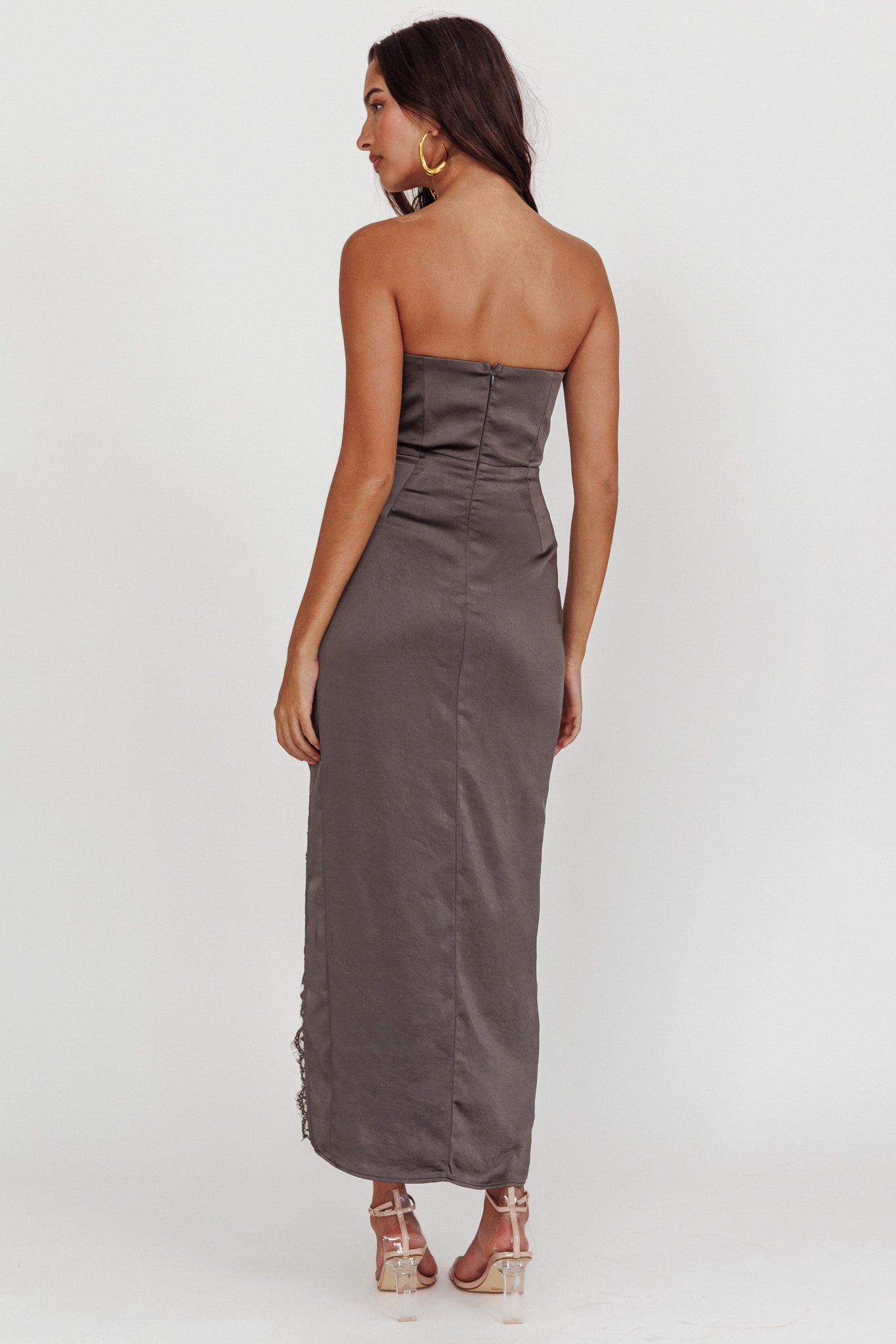 Winter Moon Strapless Lace Trim Midi Dress Charcoal-Maymioy