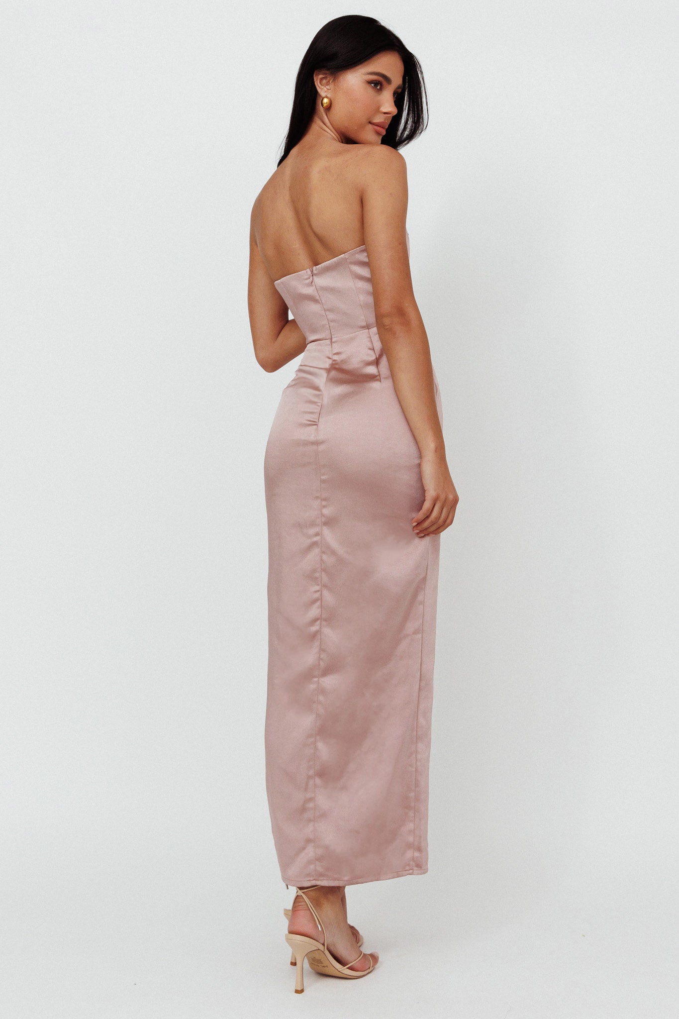 Winter Moon Strapless Lace Trim Midi Dress Dusty Pink-Maymioy