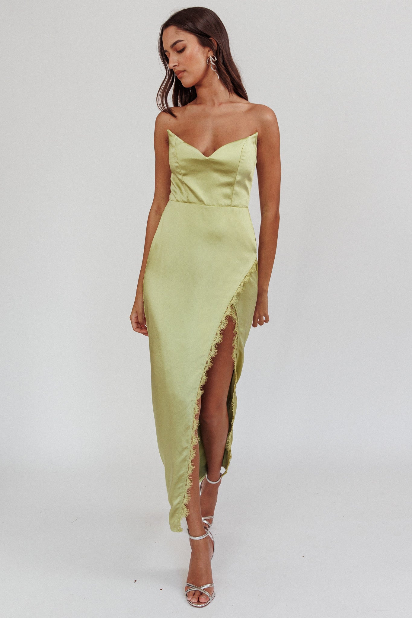 Winter Moon Strapless Lace Trim Midi Dress Sage-Maymioy