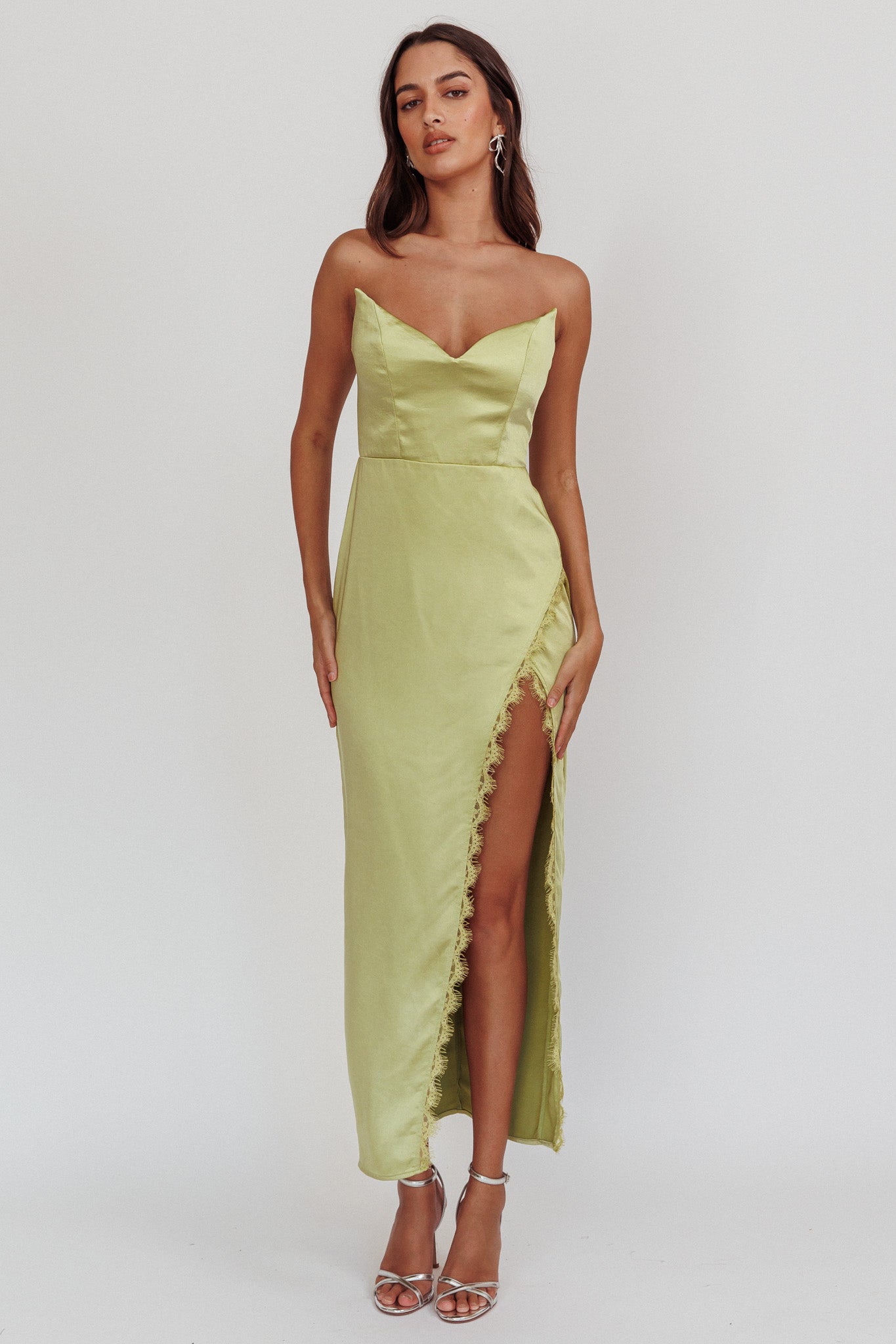 Winter Moon Strapless Lace Trim Midi Dress Sage-Maymioy