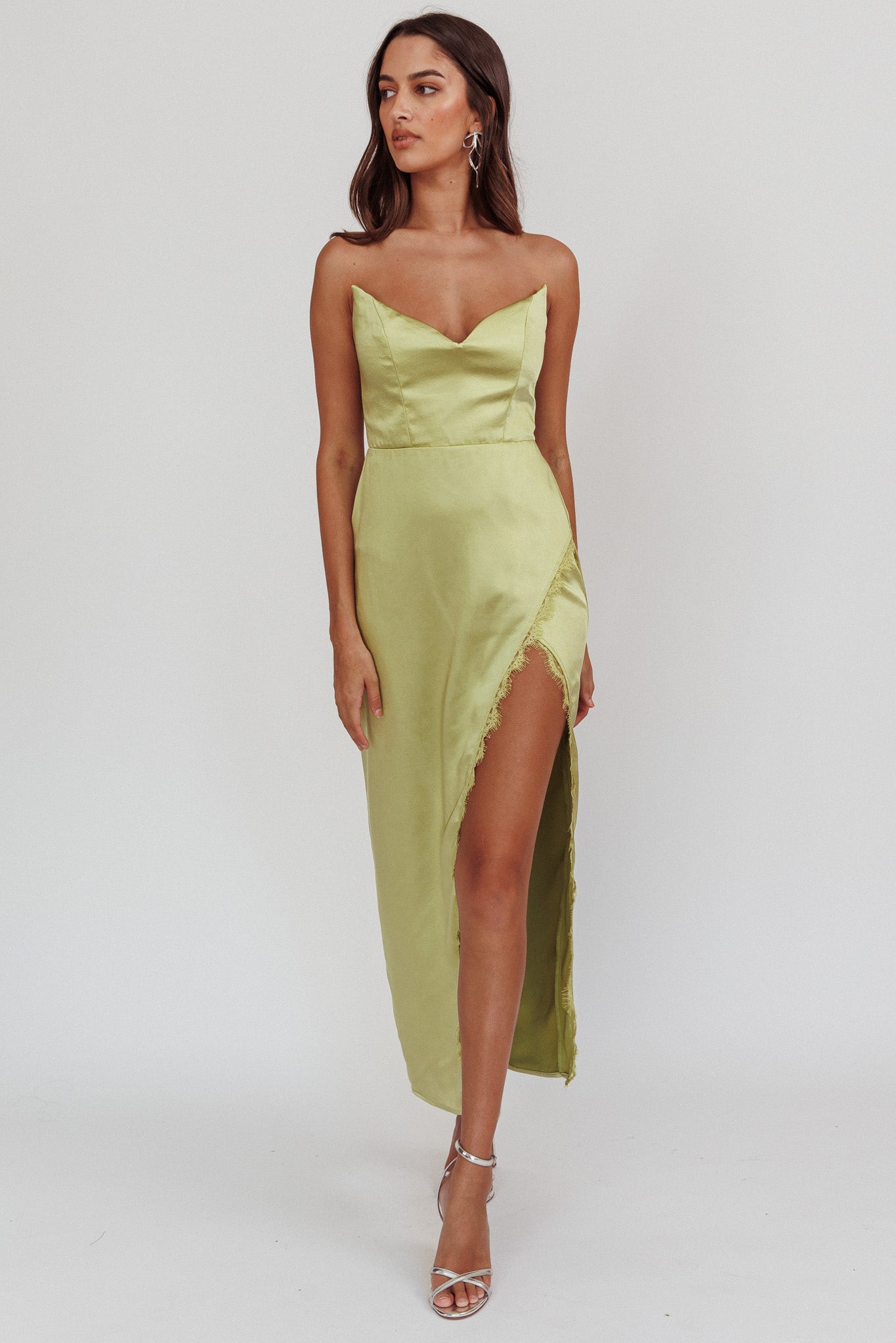 Winter Moon Strapless Lace Trim Midi Dress Sage-Maymioy