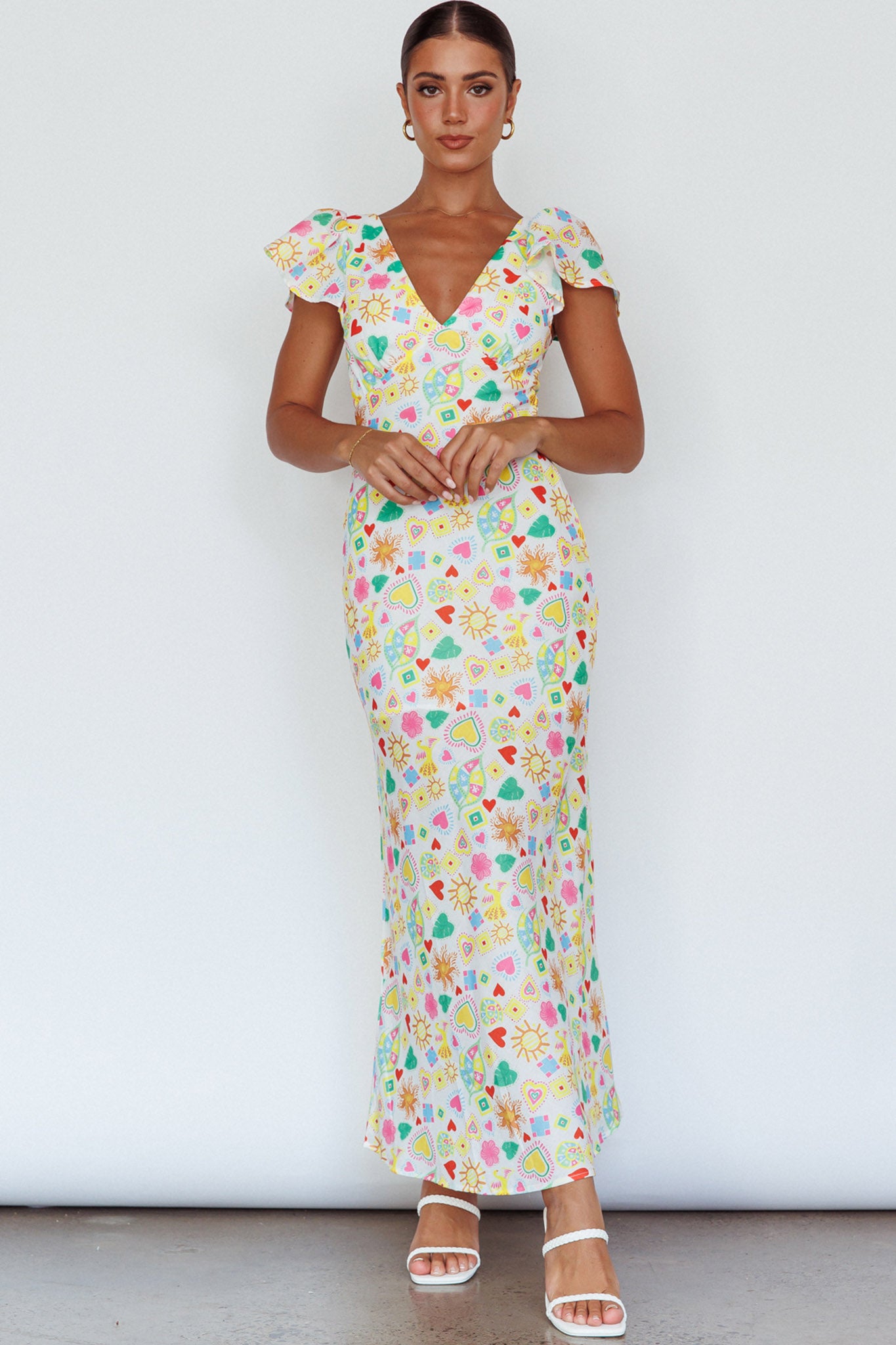 Long Summer Flutter Sleeve Maxi Dress Printed White-Maymioy
