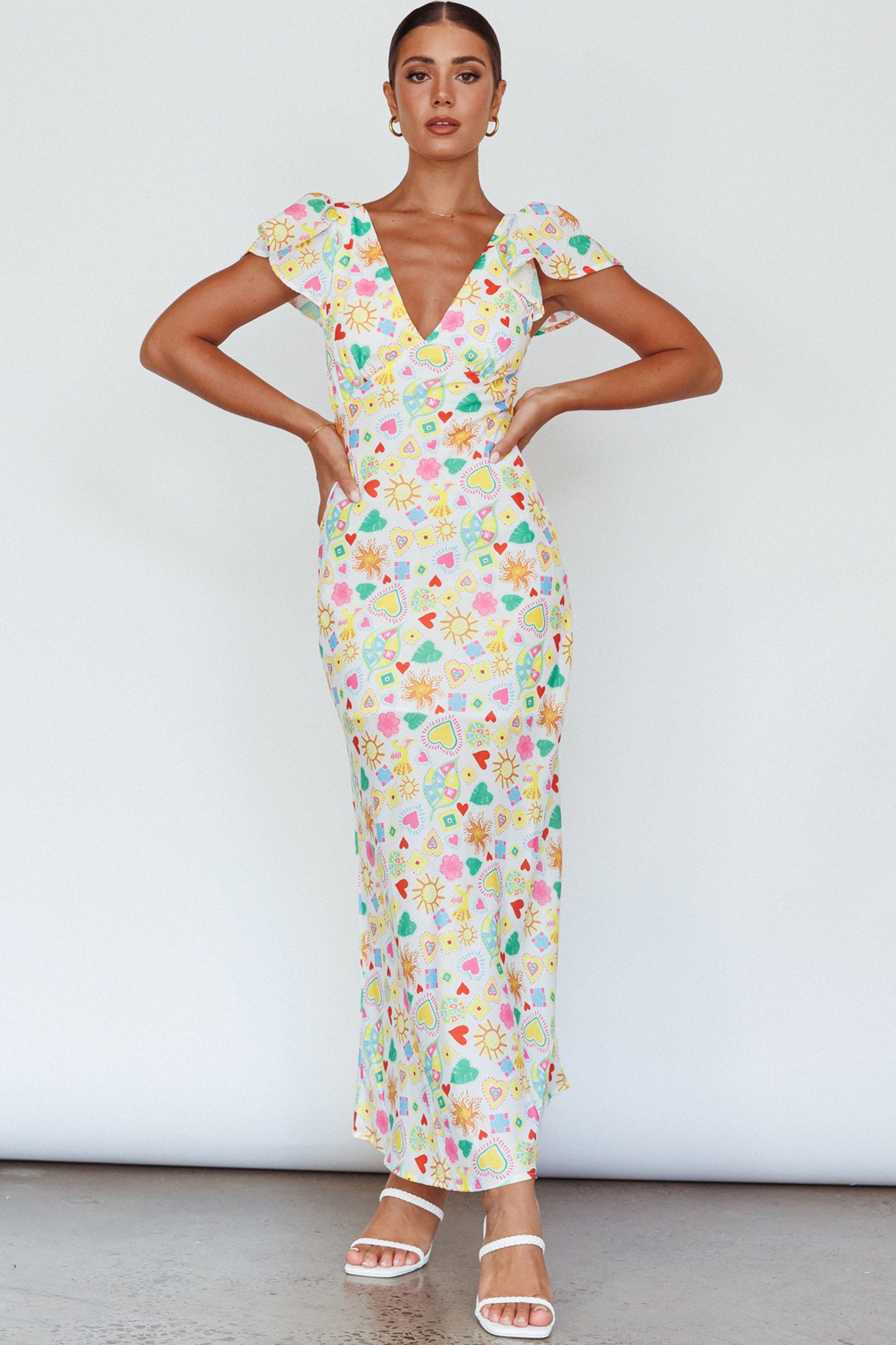 Long Summer Flutter Sleeve Maxi Dress Printed White-Maymioy