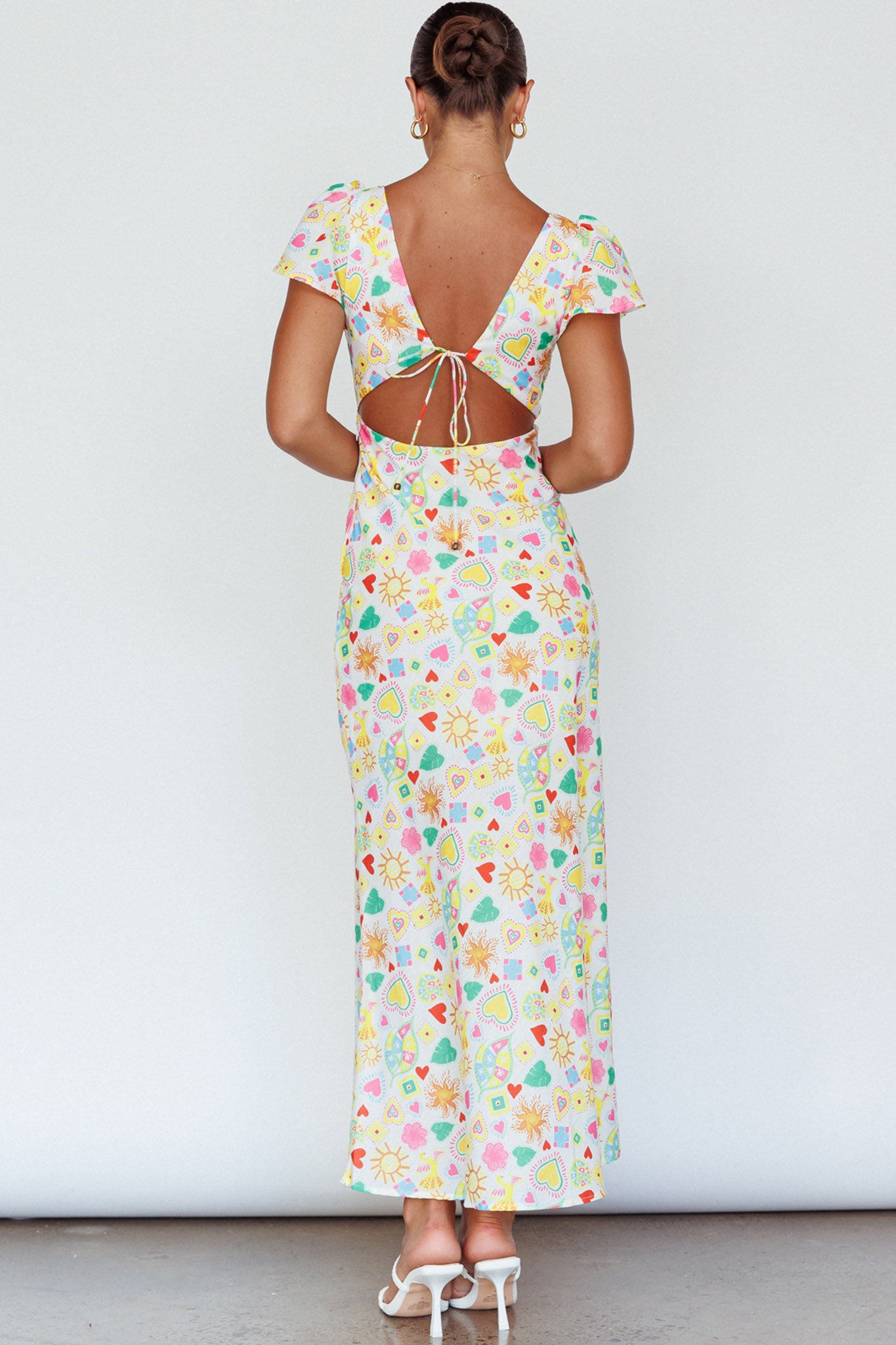 Long Summer Flutter Sleeve Maxi Dress Printed White-Maymioy