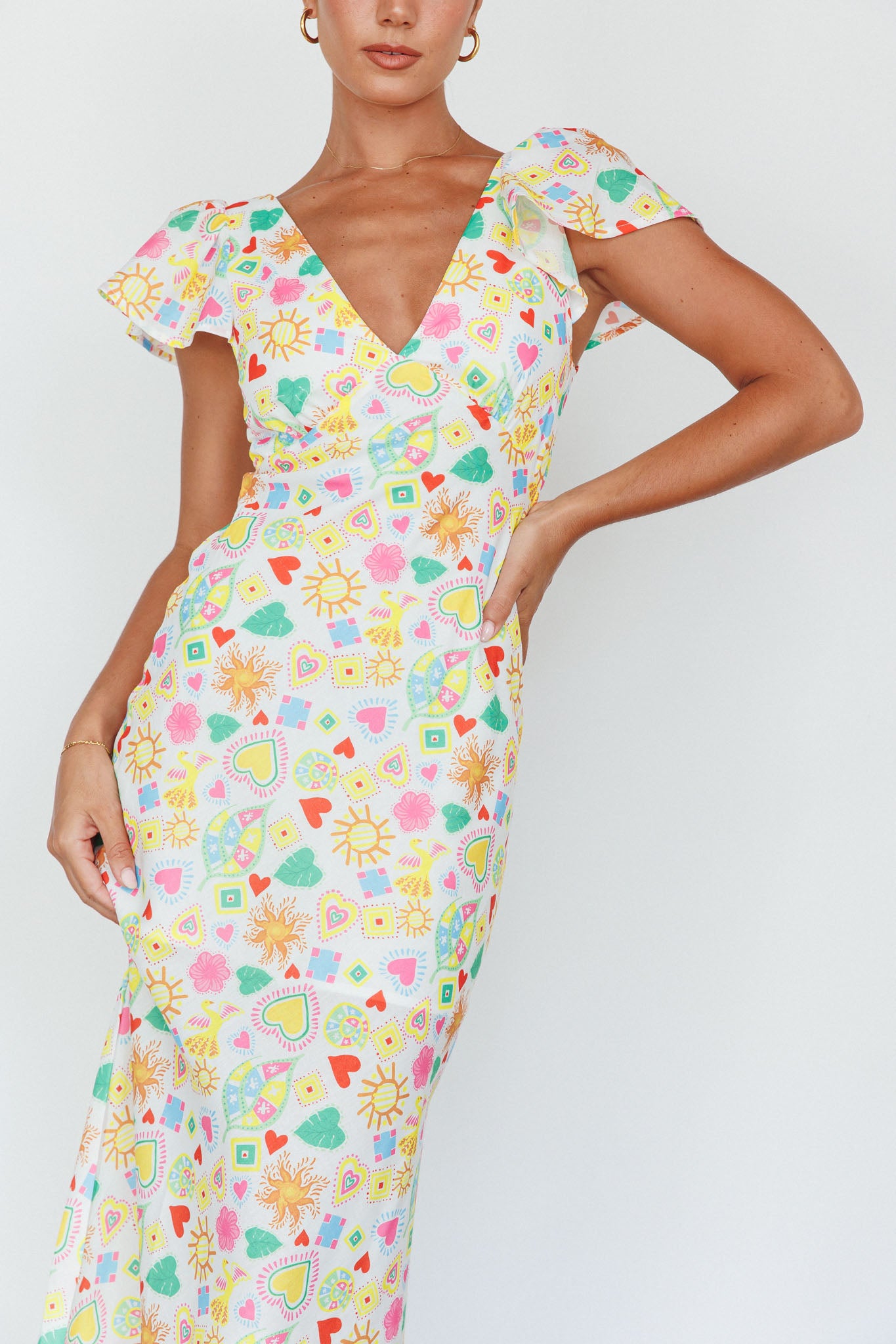 Long Summer Flutter Sleeve Maxi Dress Printed White-Maymioy