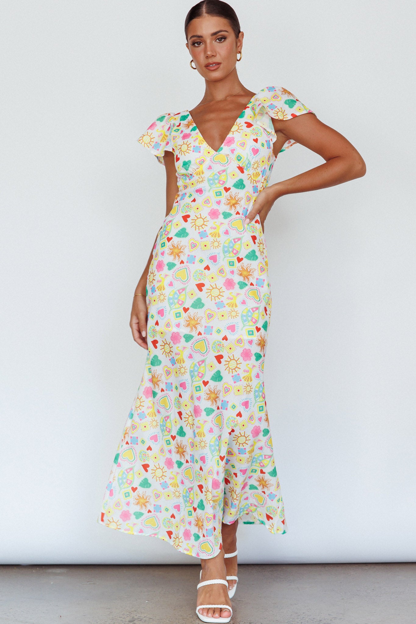 Long Summer Flutter Sleeve Maxi Dress Printed White-Maymioy