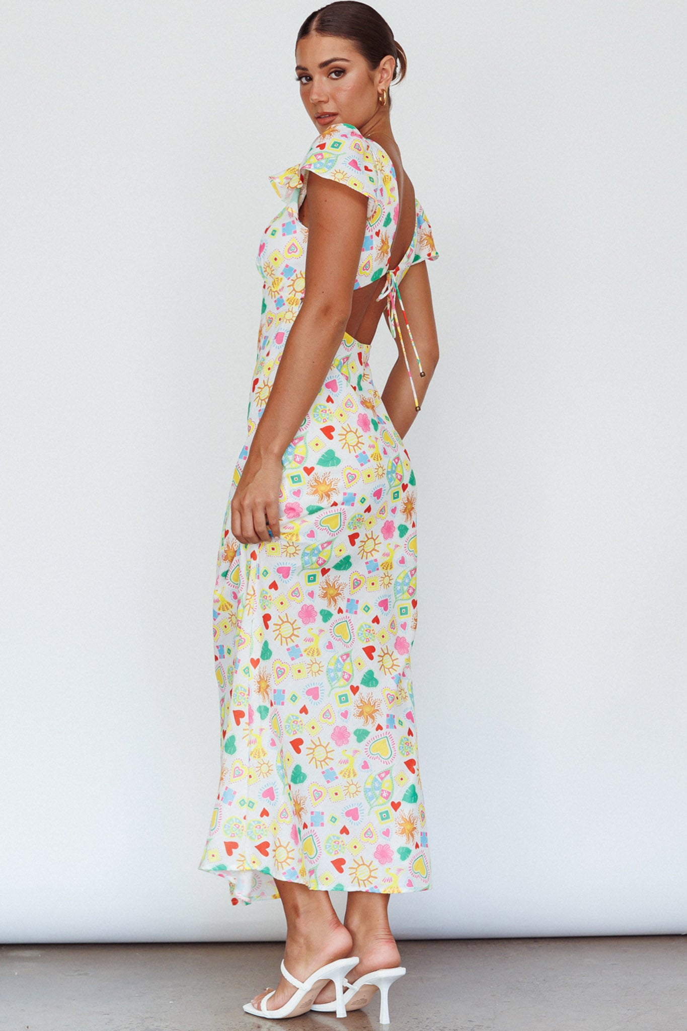 Long Summer Flutter Sleeve Maxi Dress Printed White-Maymioy