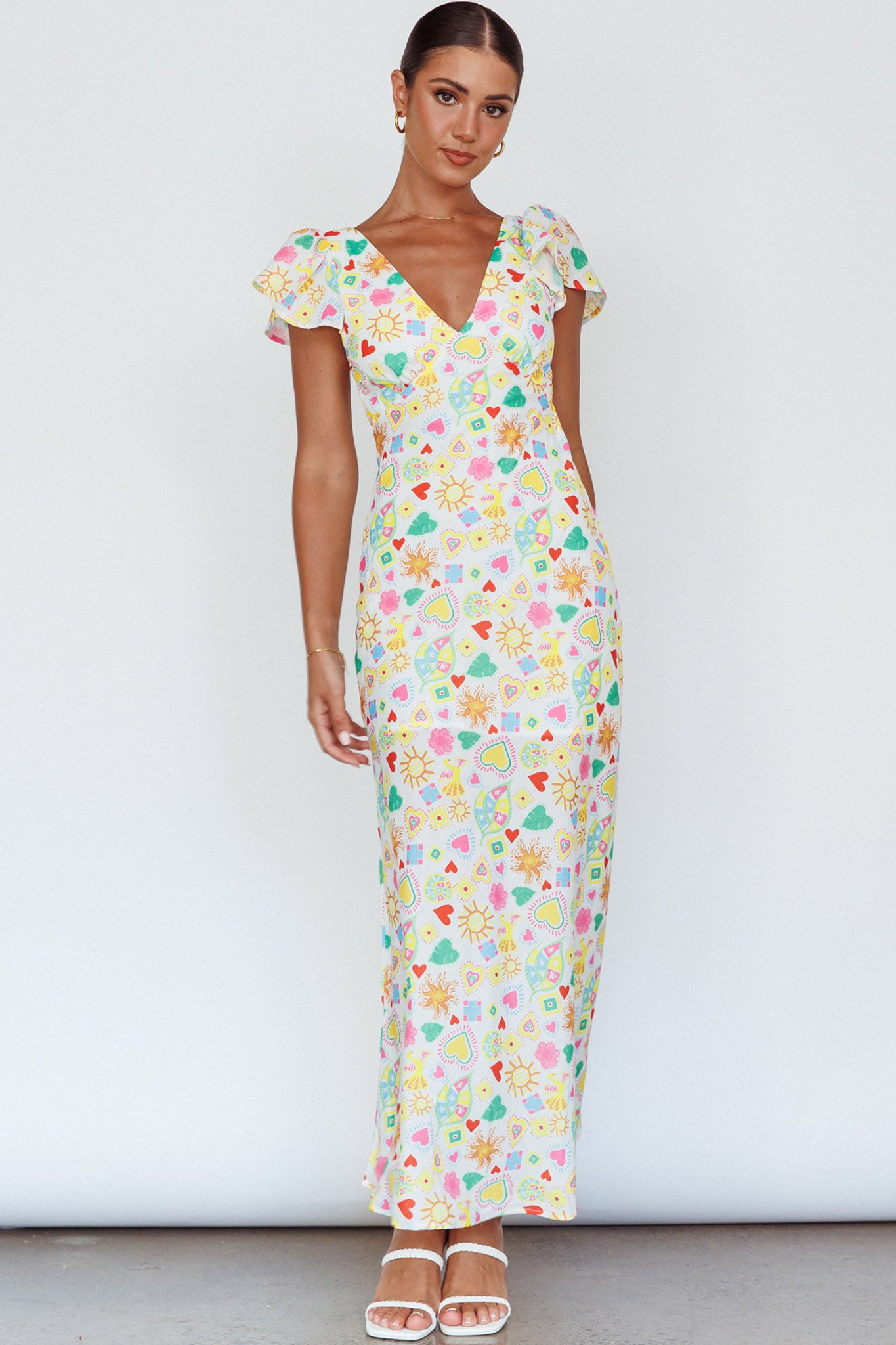 Long Summer Flutter Sleeve Maxi Dress Printed White-Maymioy