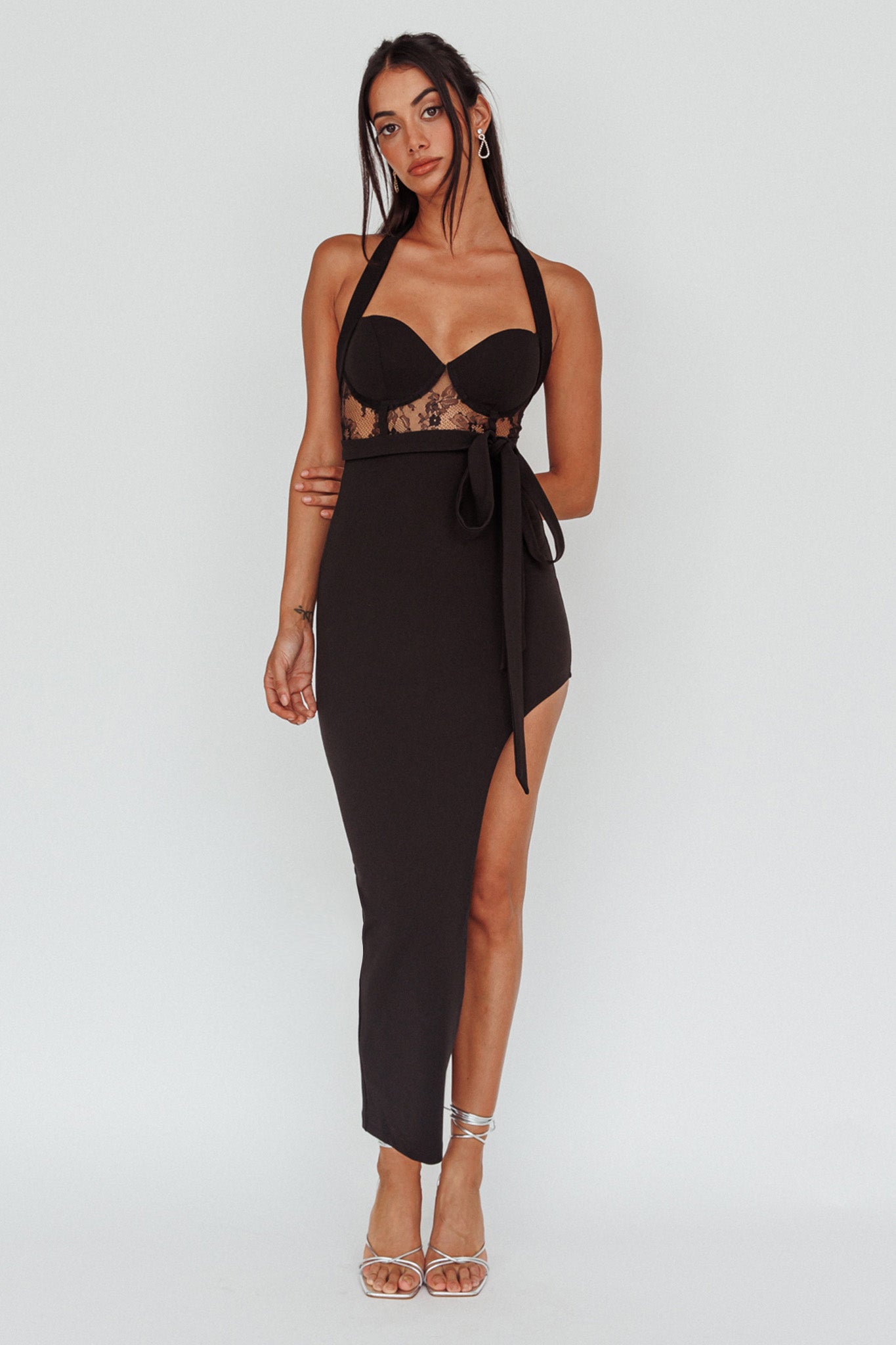 Jonetta Lace Insert Halterneck Midi Dress Black-Maymioy