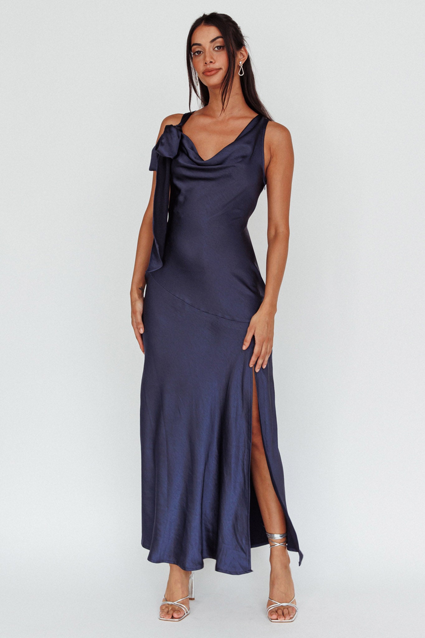 Averie Bow Shoulder Split Midi Dress Navy-Maymioy