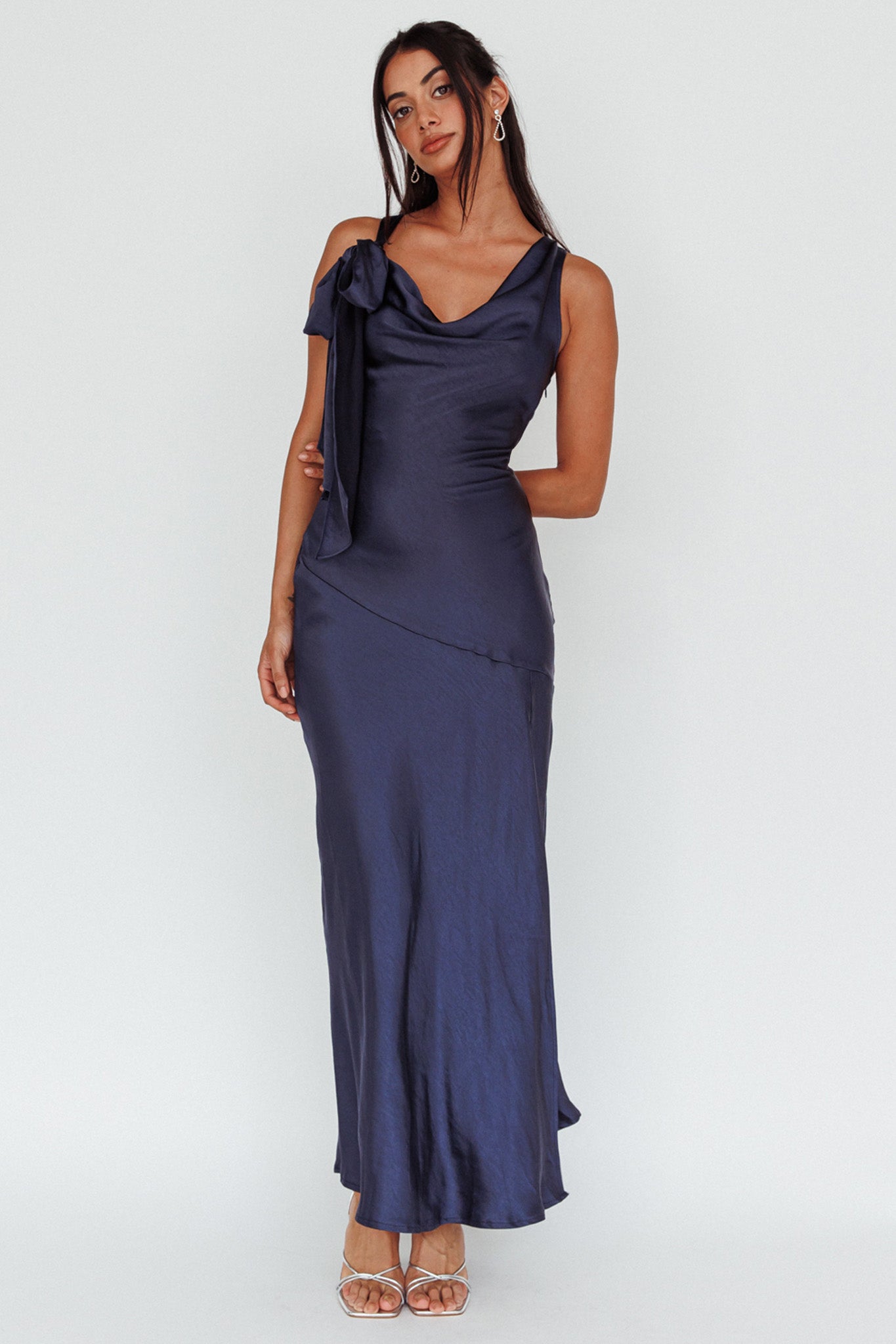 Averie Bow Shoulder Split Midi Dress Navy-Maymioy