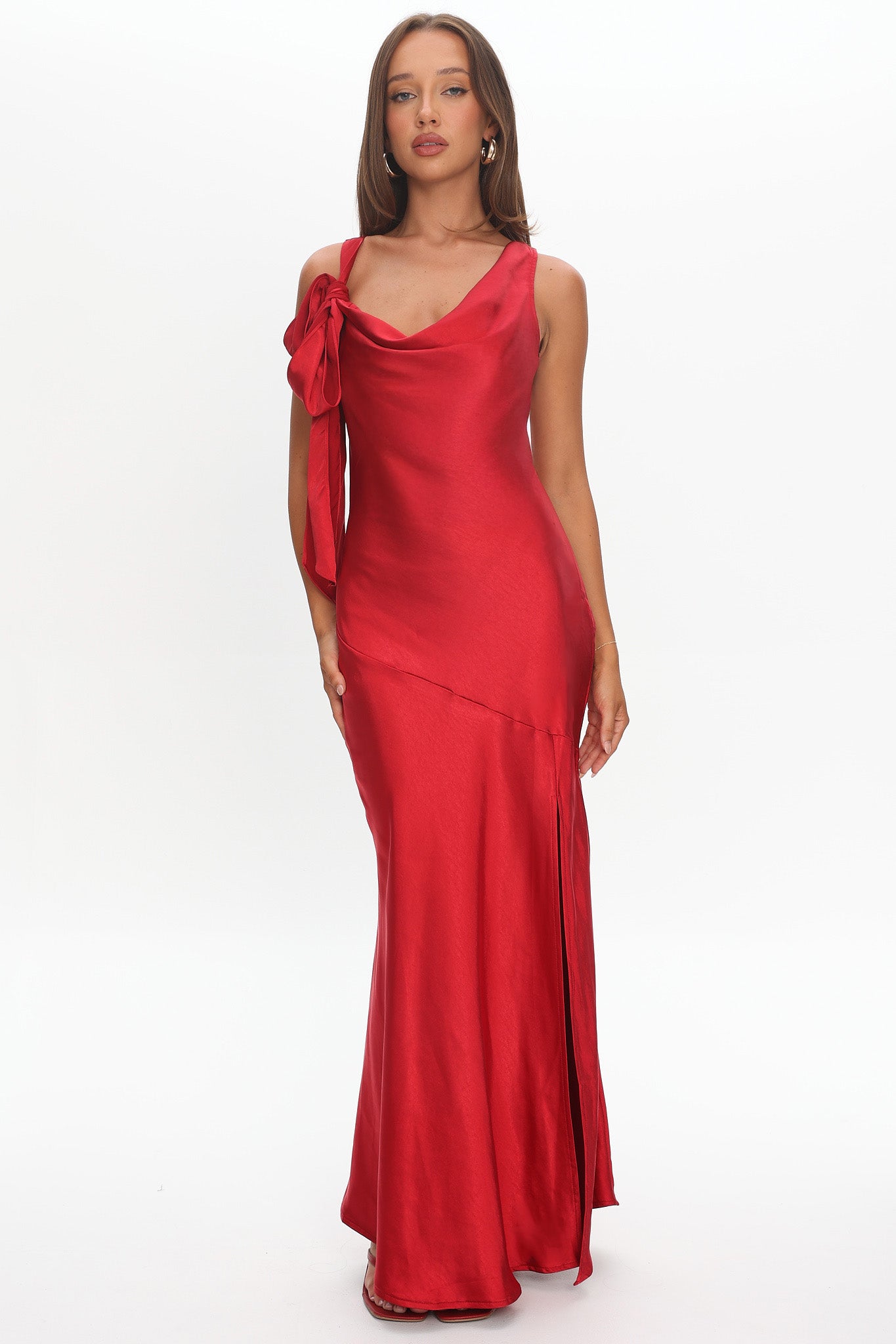 Averie Bow Shoulder Split Midi Dress Red-Maymioy