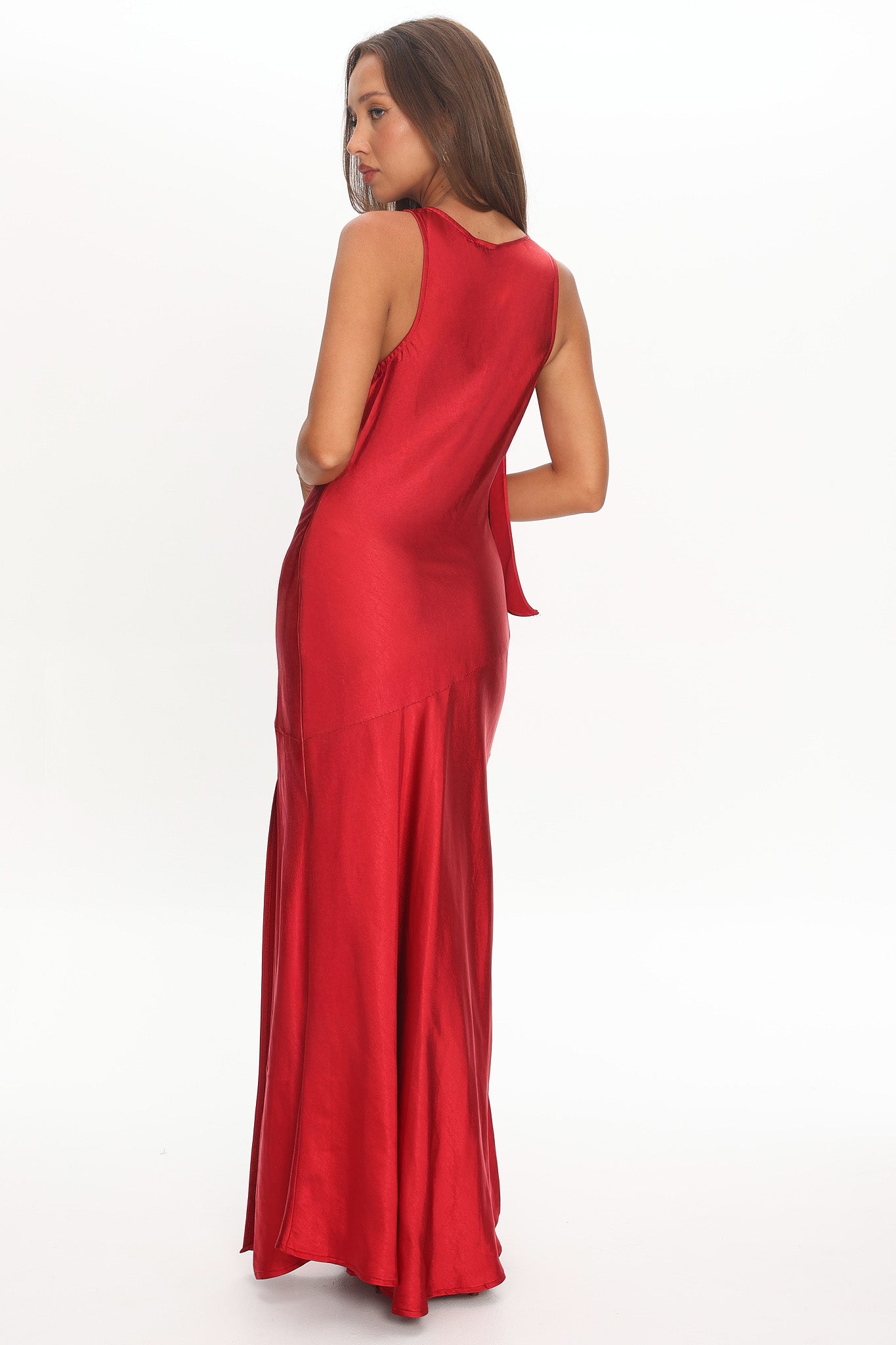 Averie Bow Shoulder Split Midi Dress Red-Maymioy
