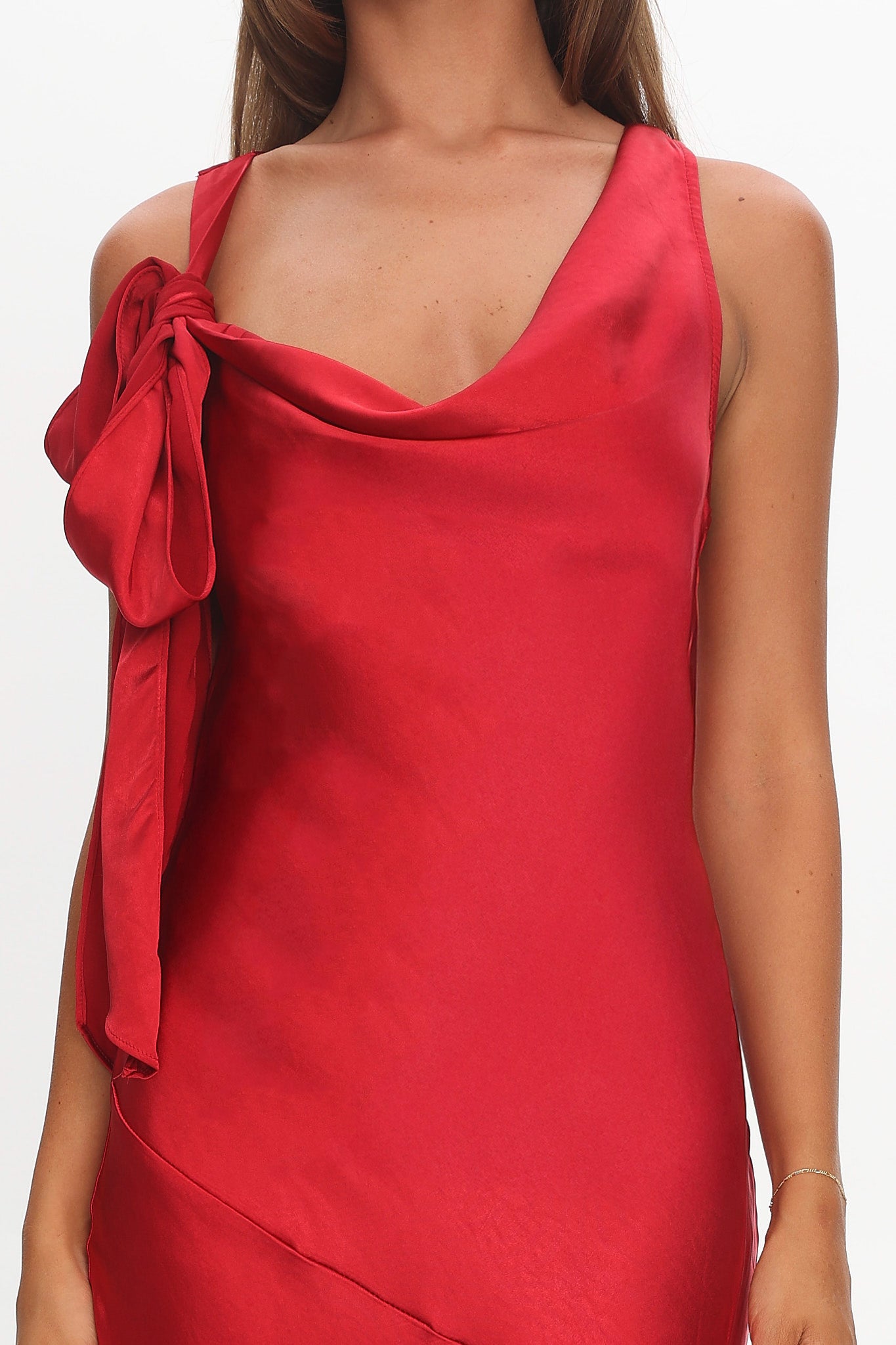 Averie Bow Shoulder Split Midi Dress Red-Maymioy