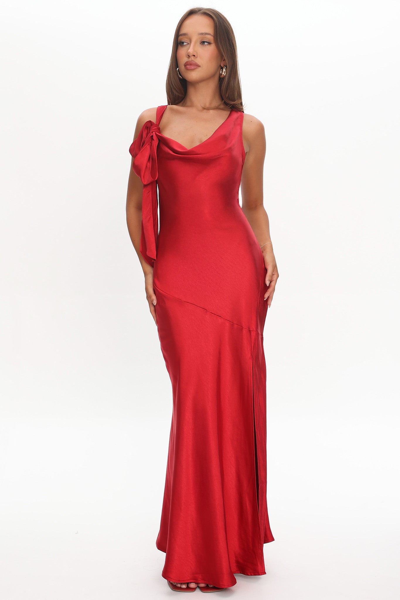 Averie Bow Shoulder Split Midi Dress Red-Maymioy