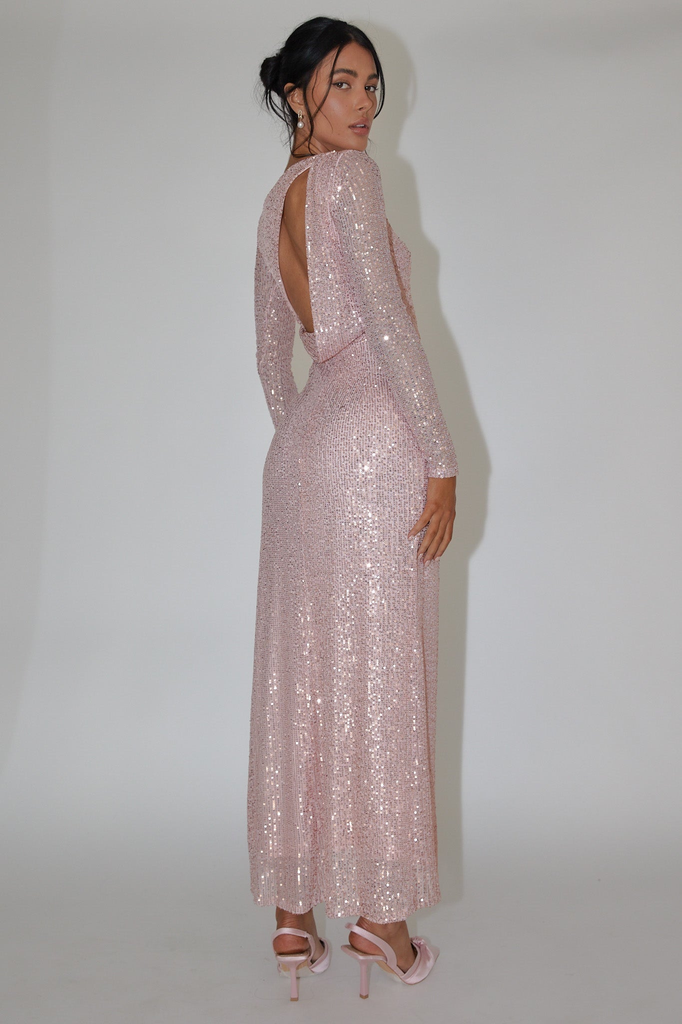 Le Monde Long Sleeve Sequin Maxi Dress Rose Gold-Maymioy