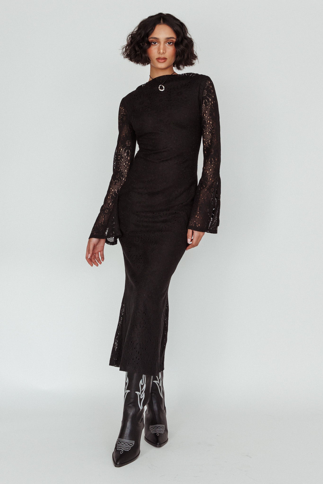 Kalia Long Sleeve Lace Midi Dress Black-Maymioy