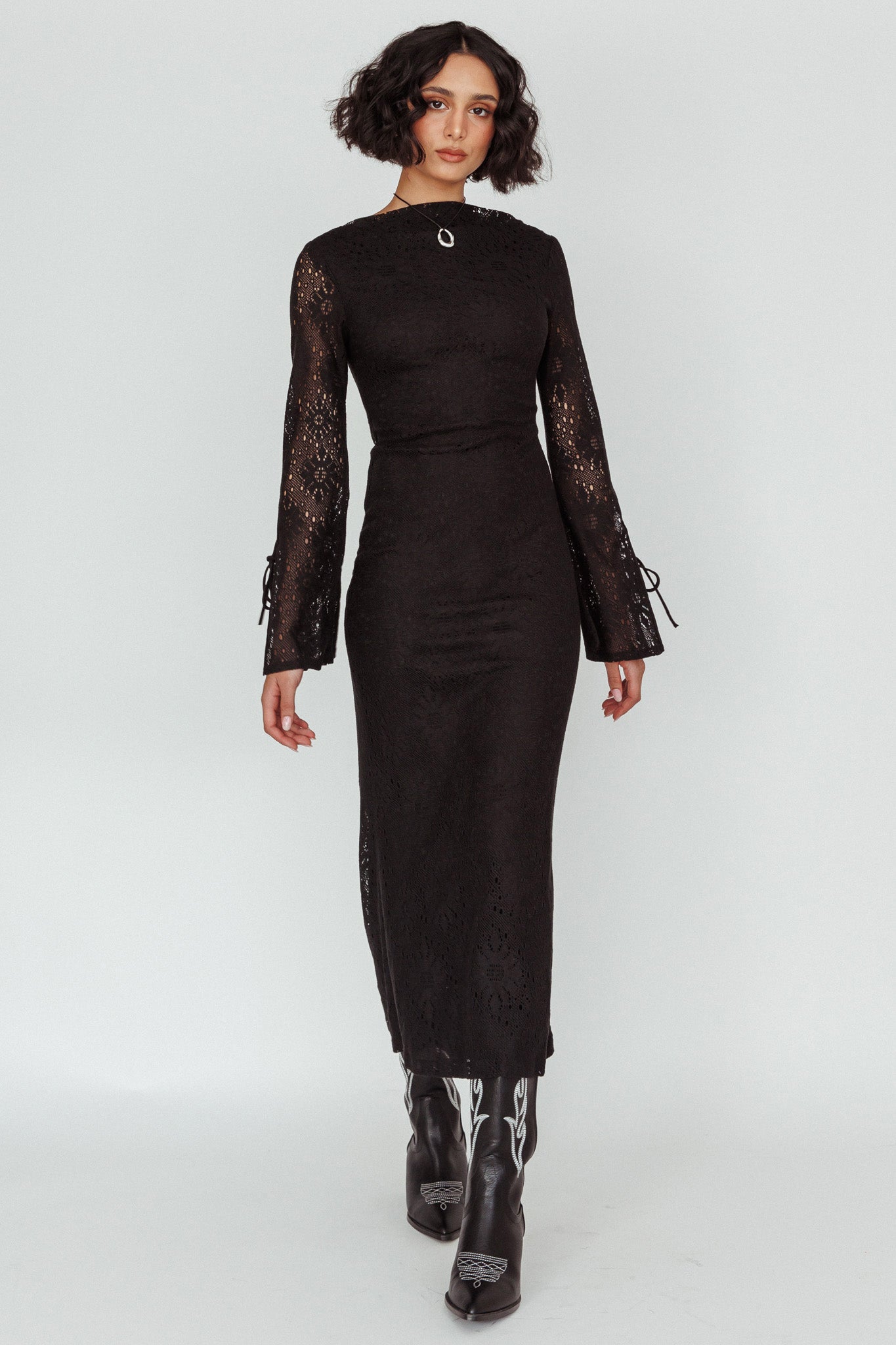 Kalia Long Sleeve Lace Midi Dress Black-Maymioy