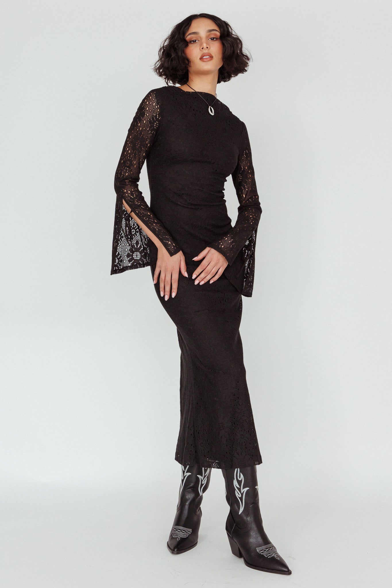 Kalia Long Sleeve Lace Midi Dress Black-Maymioy