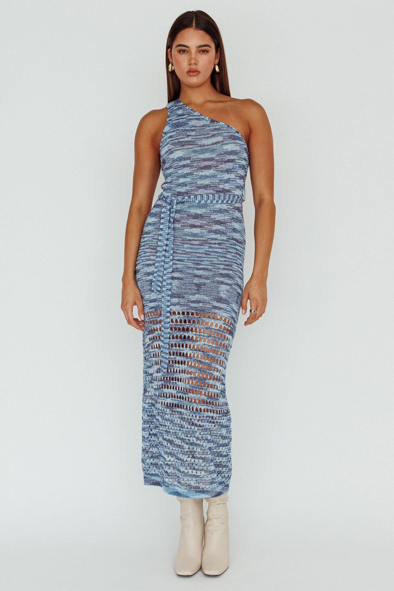Tyanna One-Shoulder Knit Midi Dress Blue Multi-Maymioy