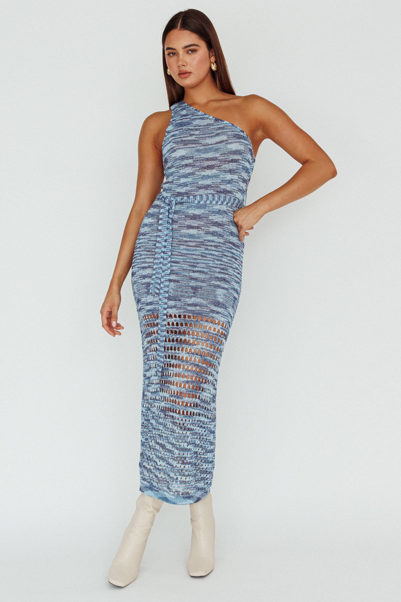 Tyanna One-Shoulder Knit Midi Dress Blue Multi-Maymioy