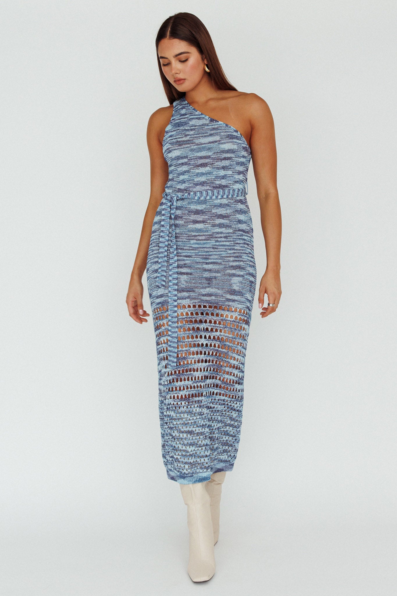 Tyanna One-Shoulder Knit Midi Dress Blue Multi-Maymioy