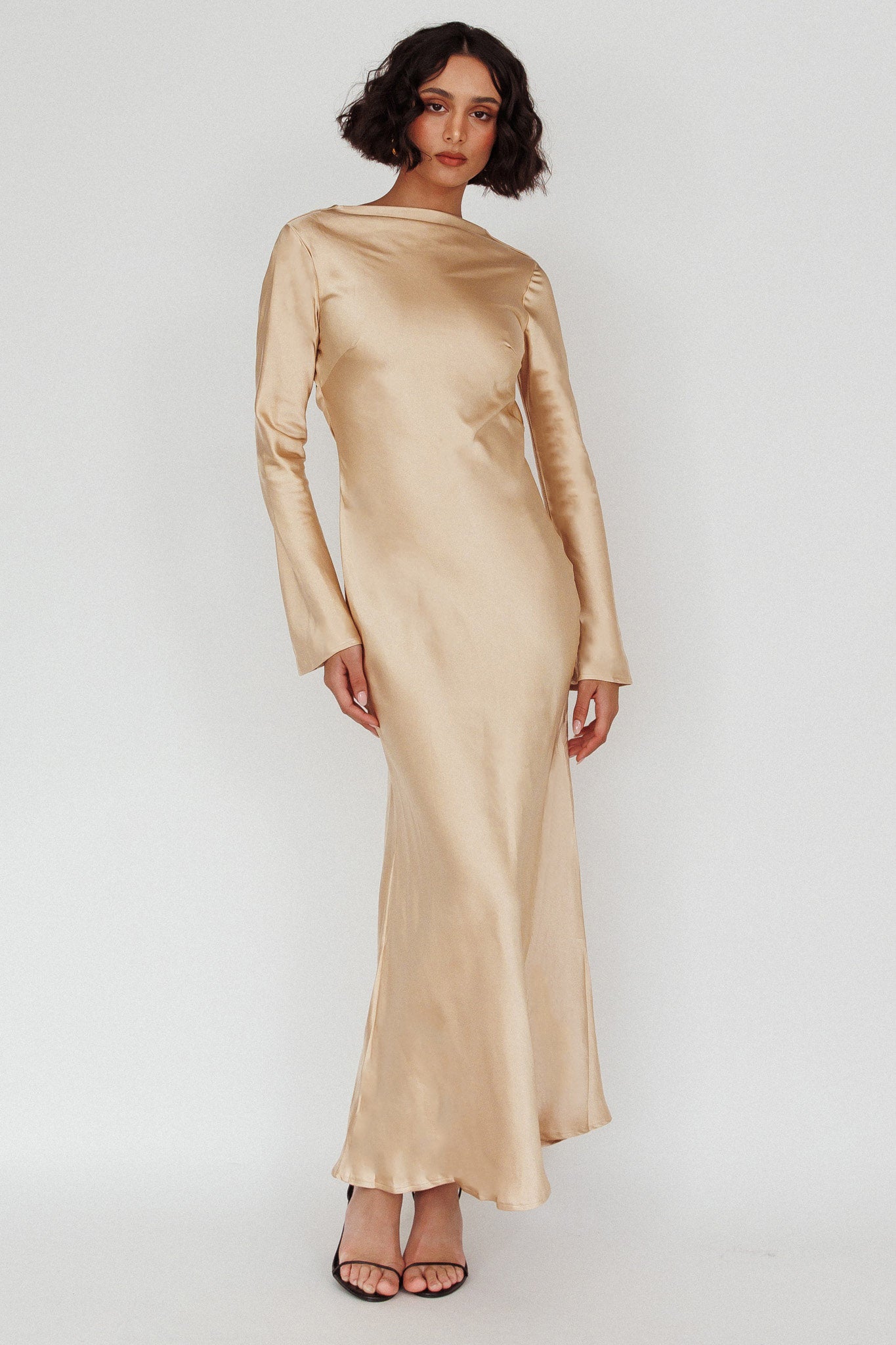 Lavera Open Back Long Sleeve Dress Beige-Maymioy