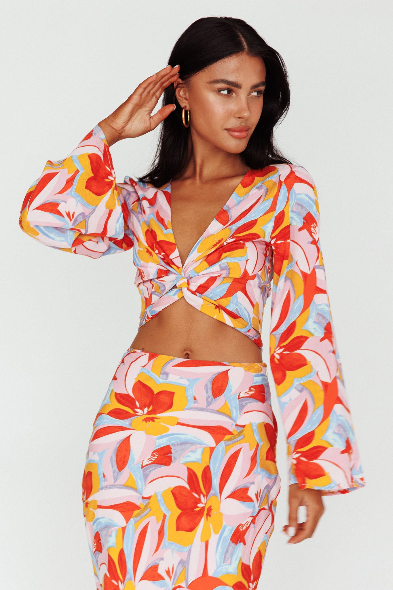 Avalo Bell Sleeve Crop Top Floral Pink-Maymioy