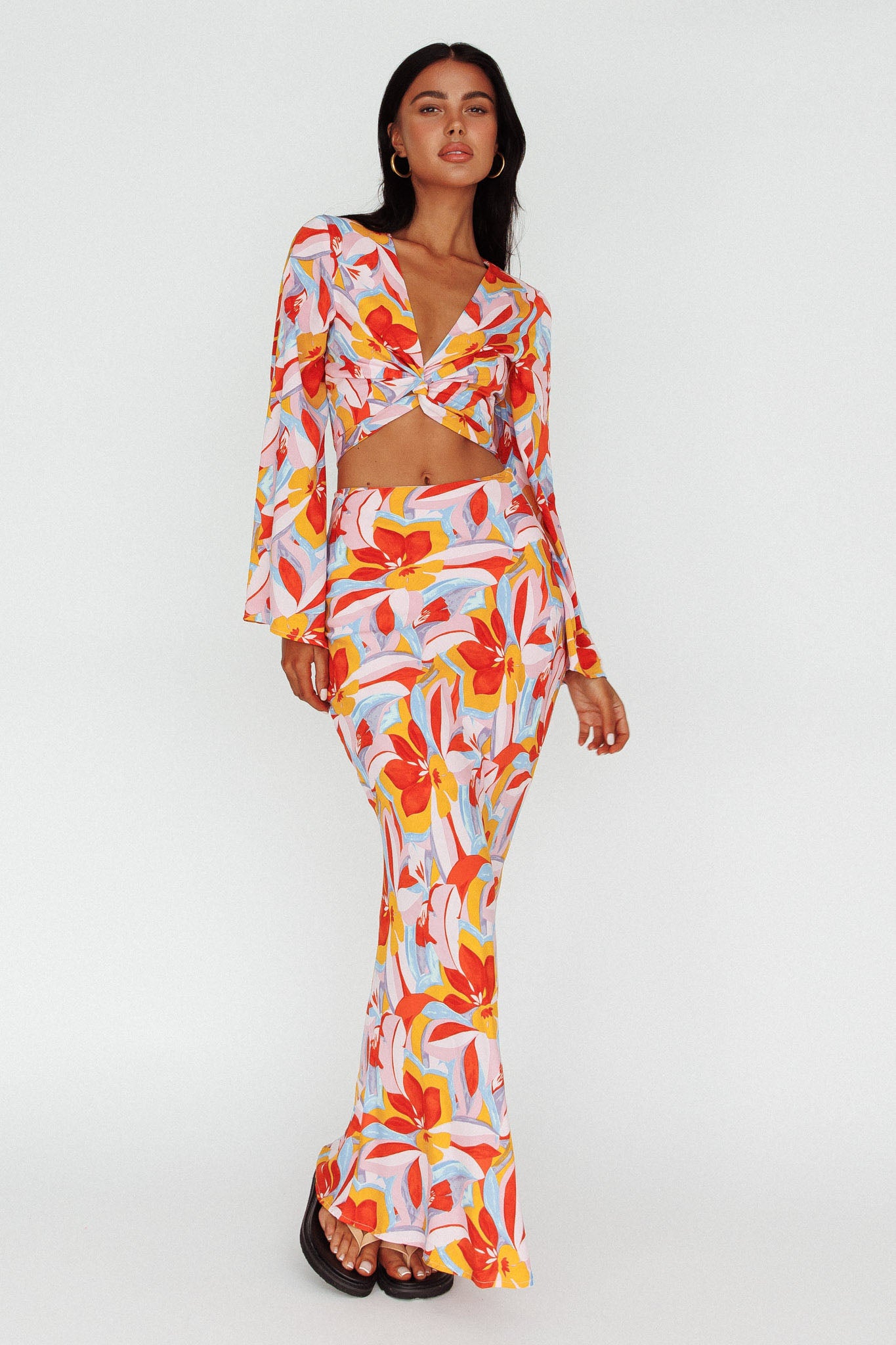 Avalo Bell Sleeve Crop Top Floral Pink-Maymioy