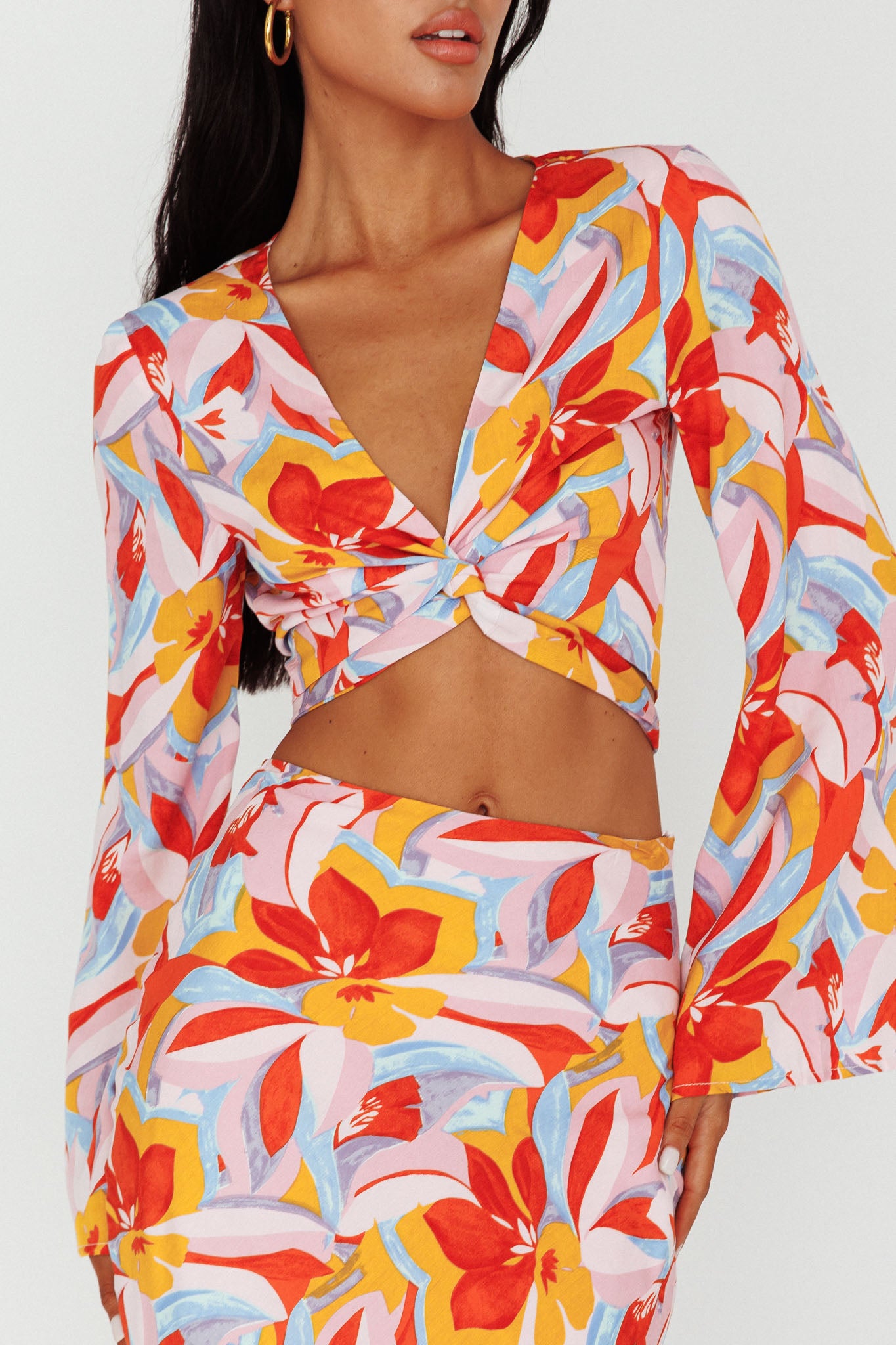 Avalo Bell Sleeve Crop Top Floral Pink-Maymioy