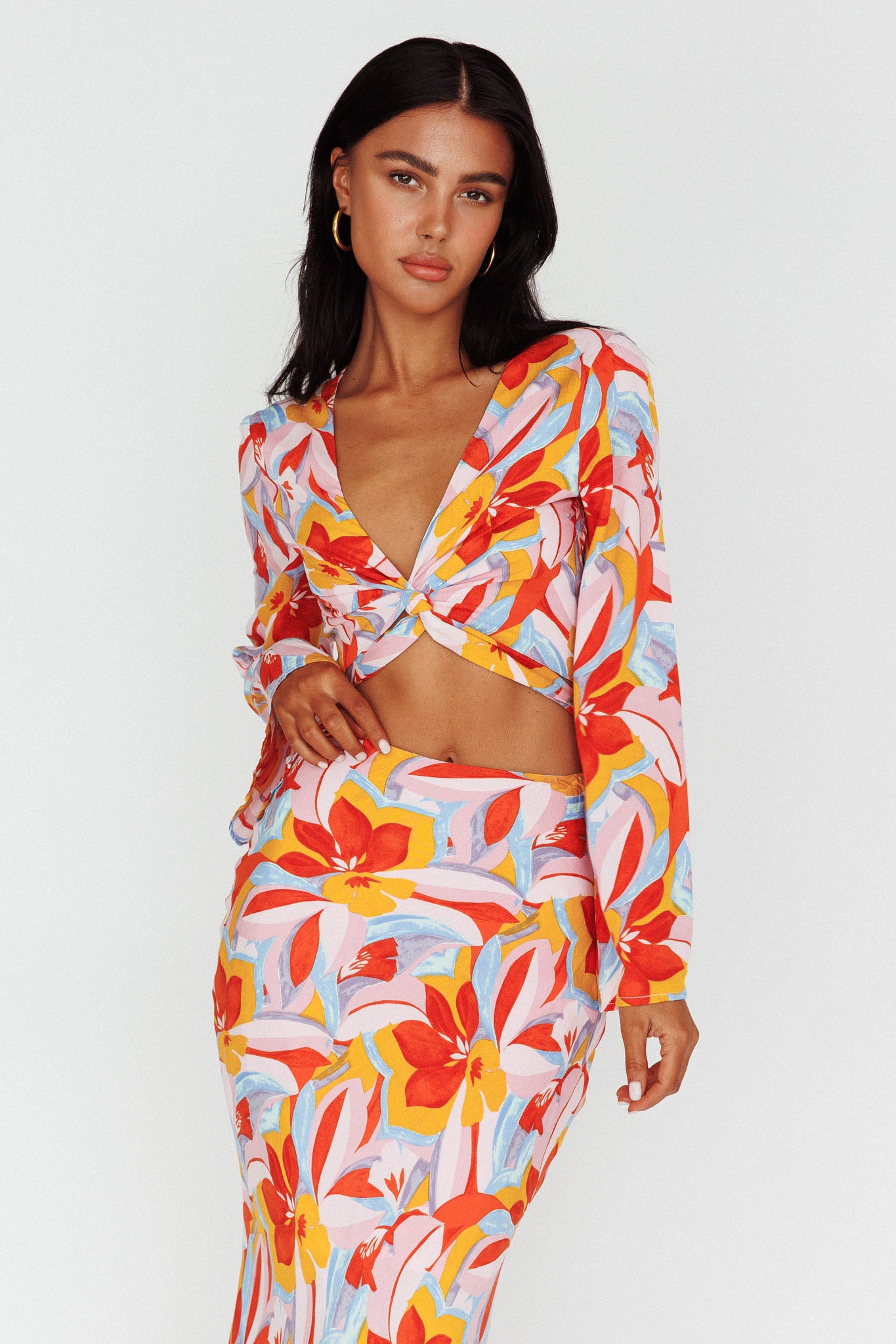 Avalo Bell Sleeve Crop Top Floral Pink-Maymioy