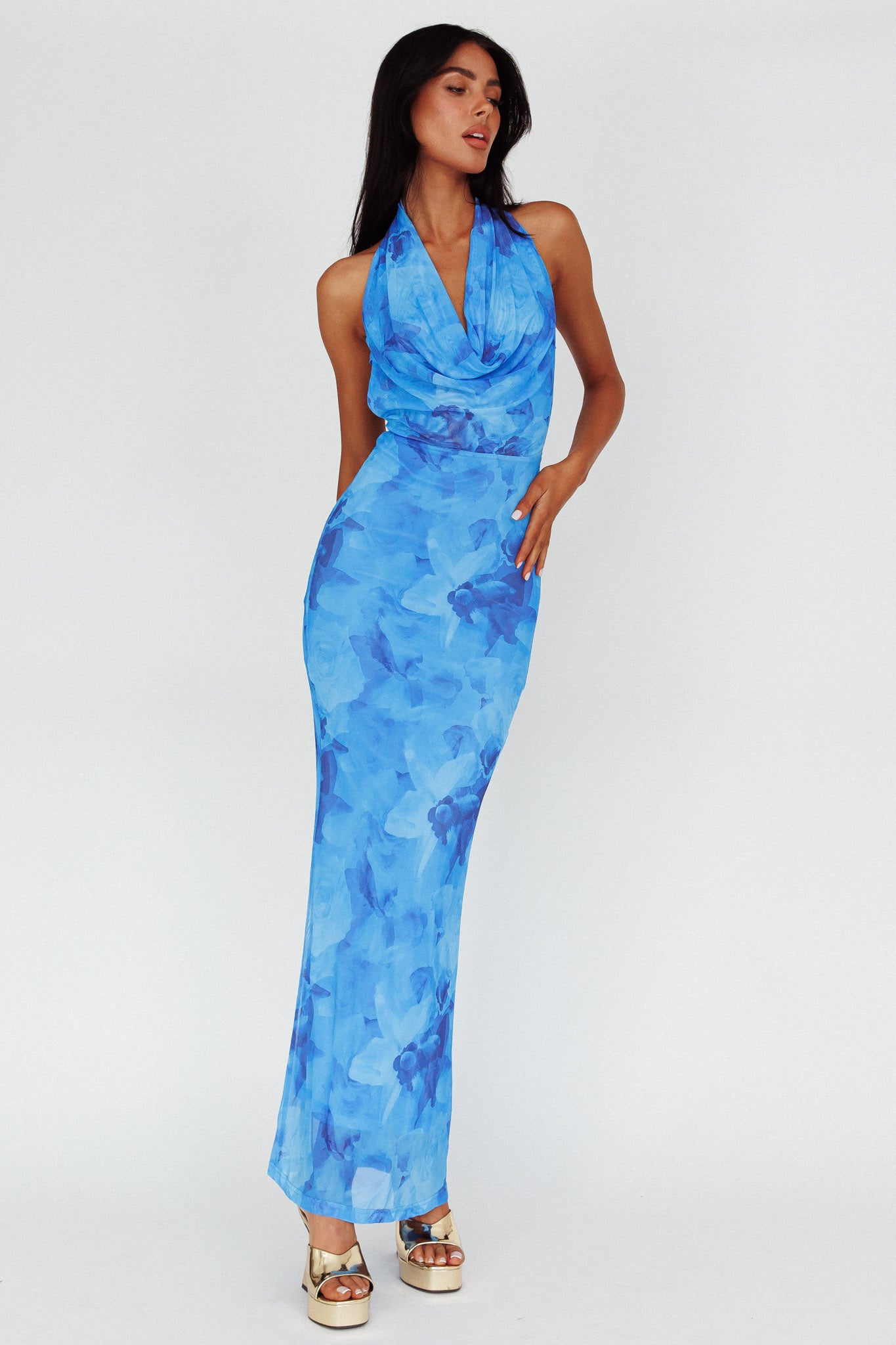 Janika Halterneck Maxi Dress Floral Blue-Maymioy