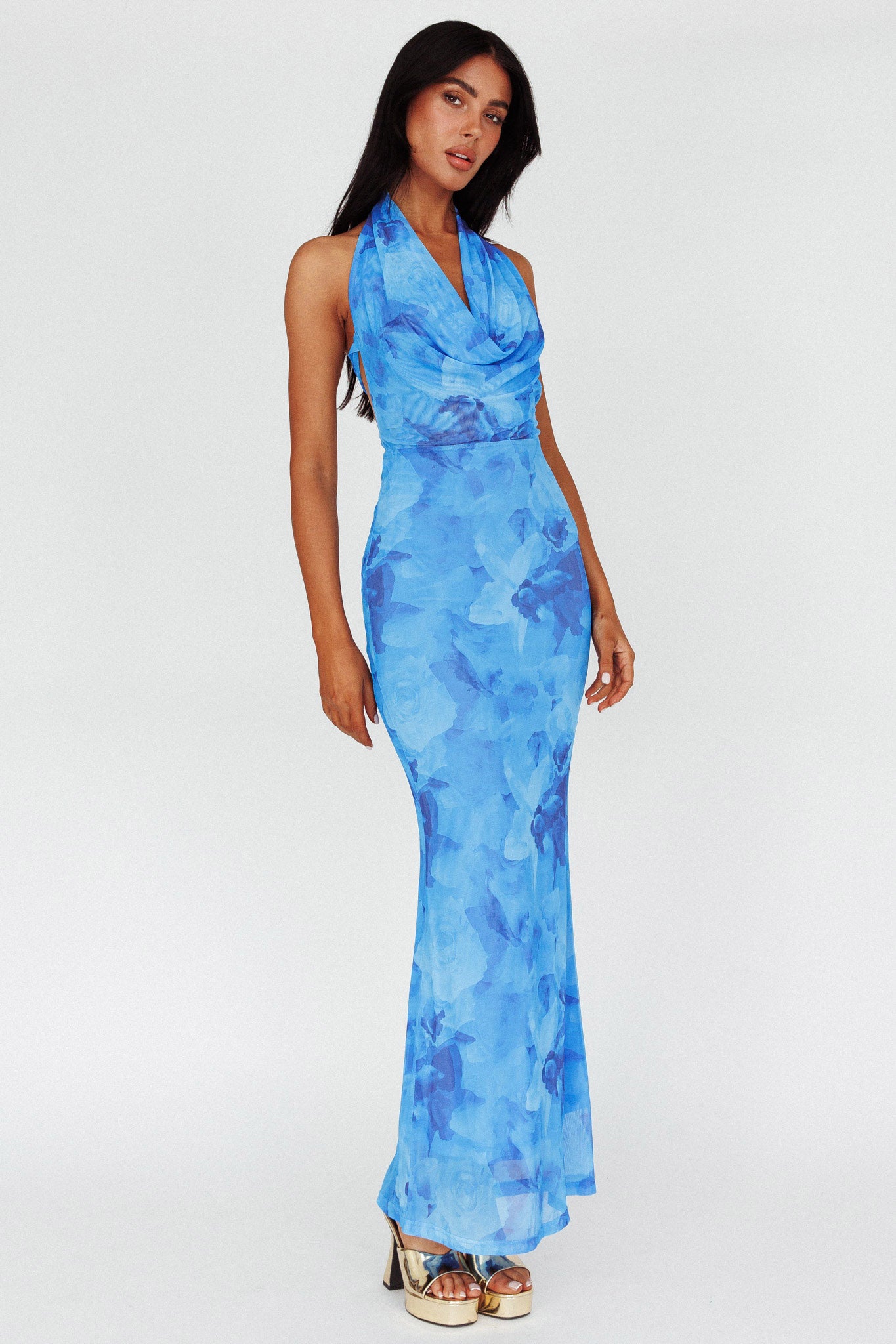 Janika Halterneck Maxi Dress Floral Blue-Maymioy