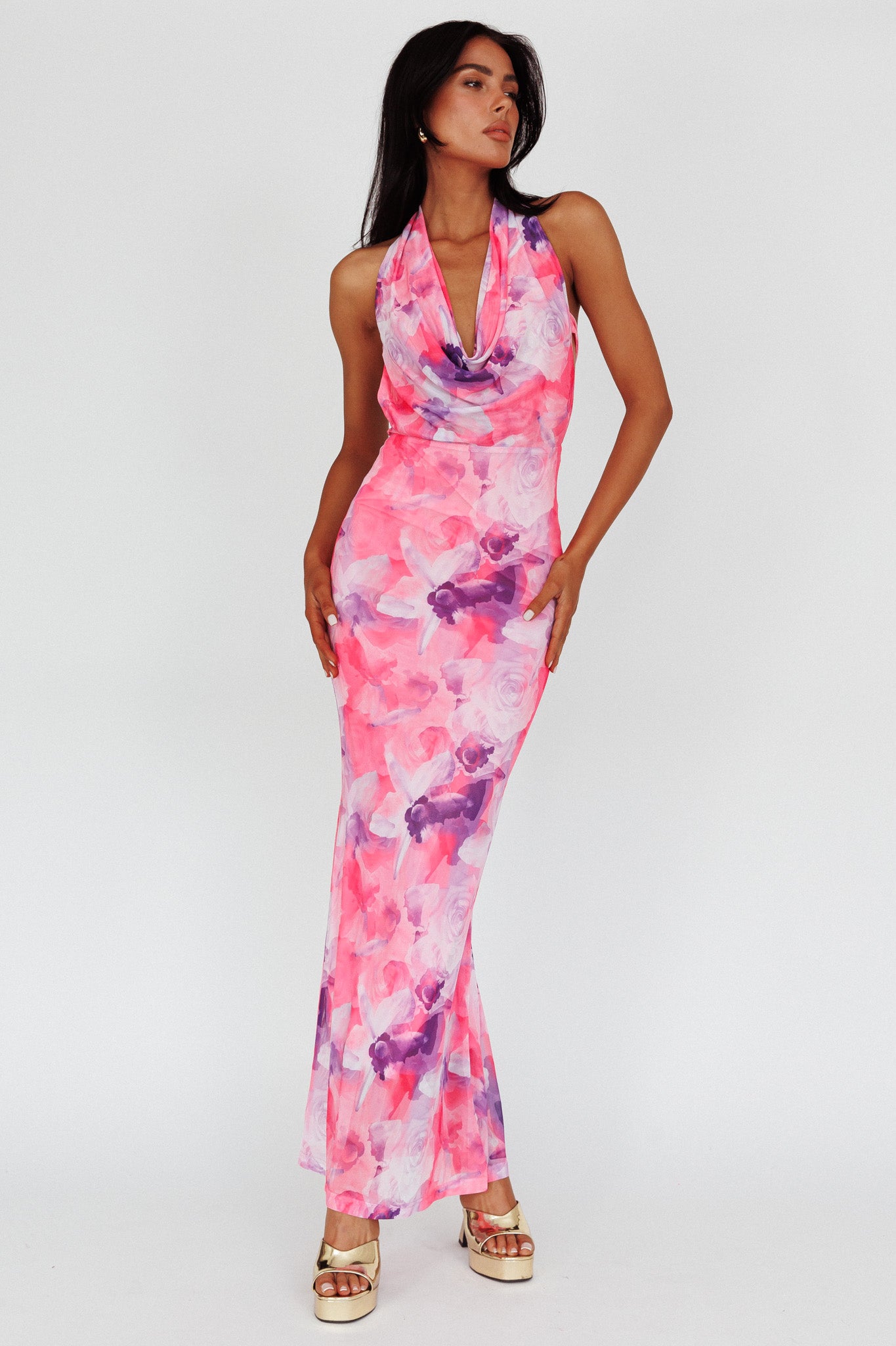 Janika Halterneck Maxi Dress Floral Pink-Maymioy