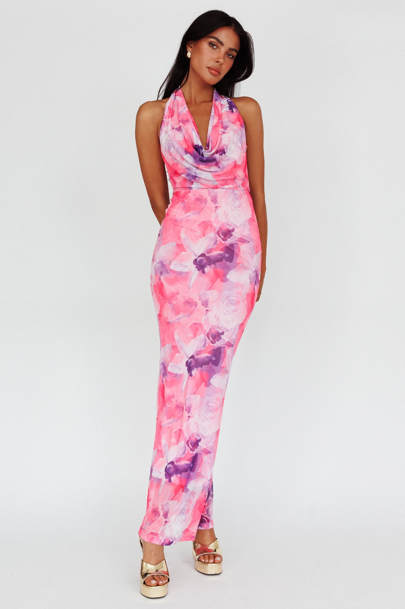 Janika Halterneck Maxi Dress Floral Pink-Maymioy
