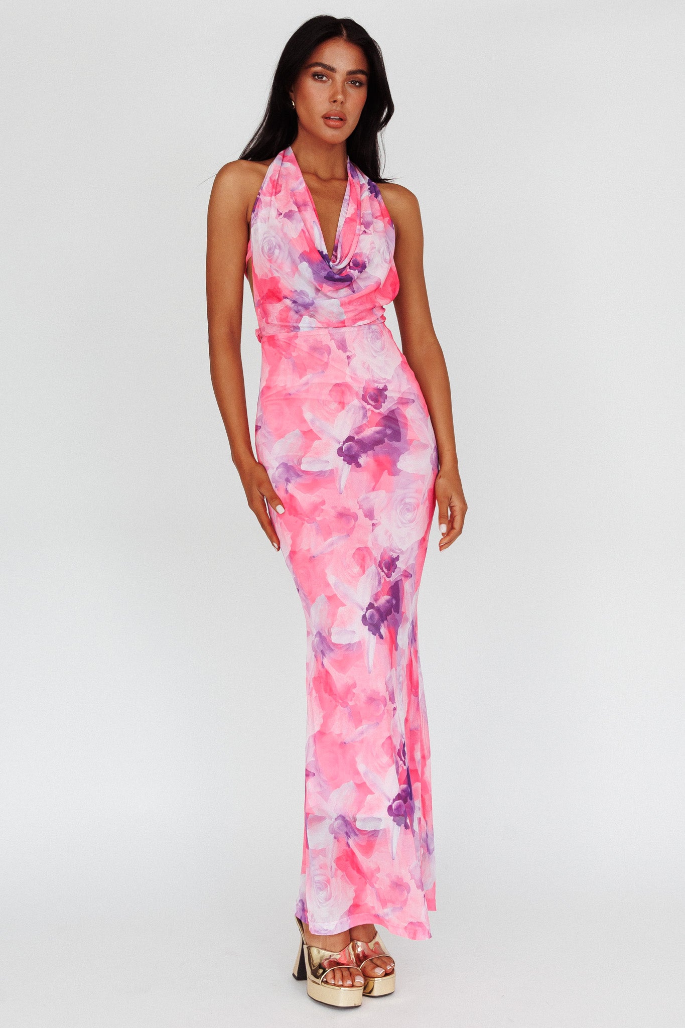 Janika Halterneck Maxi Dress Floral Pink-Maymioy