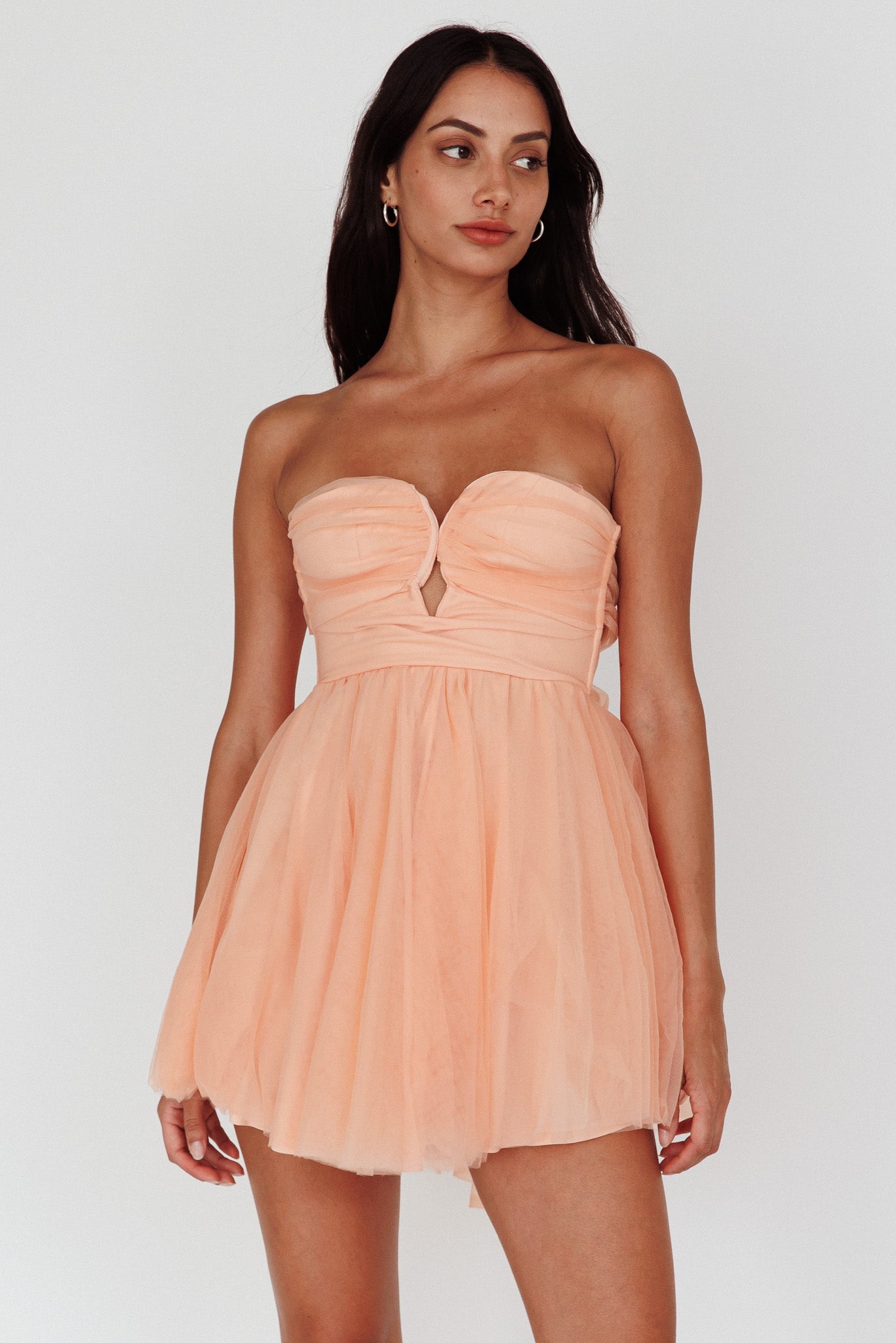 Summer Sweetheart Bow Back Mesh Mini Dress Peach-Maymioy