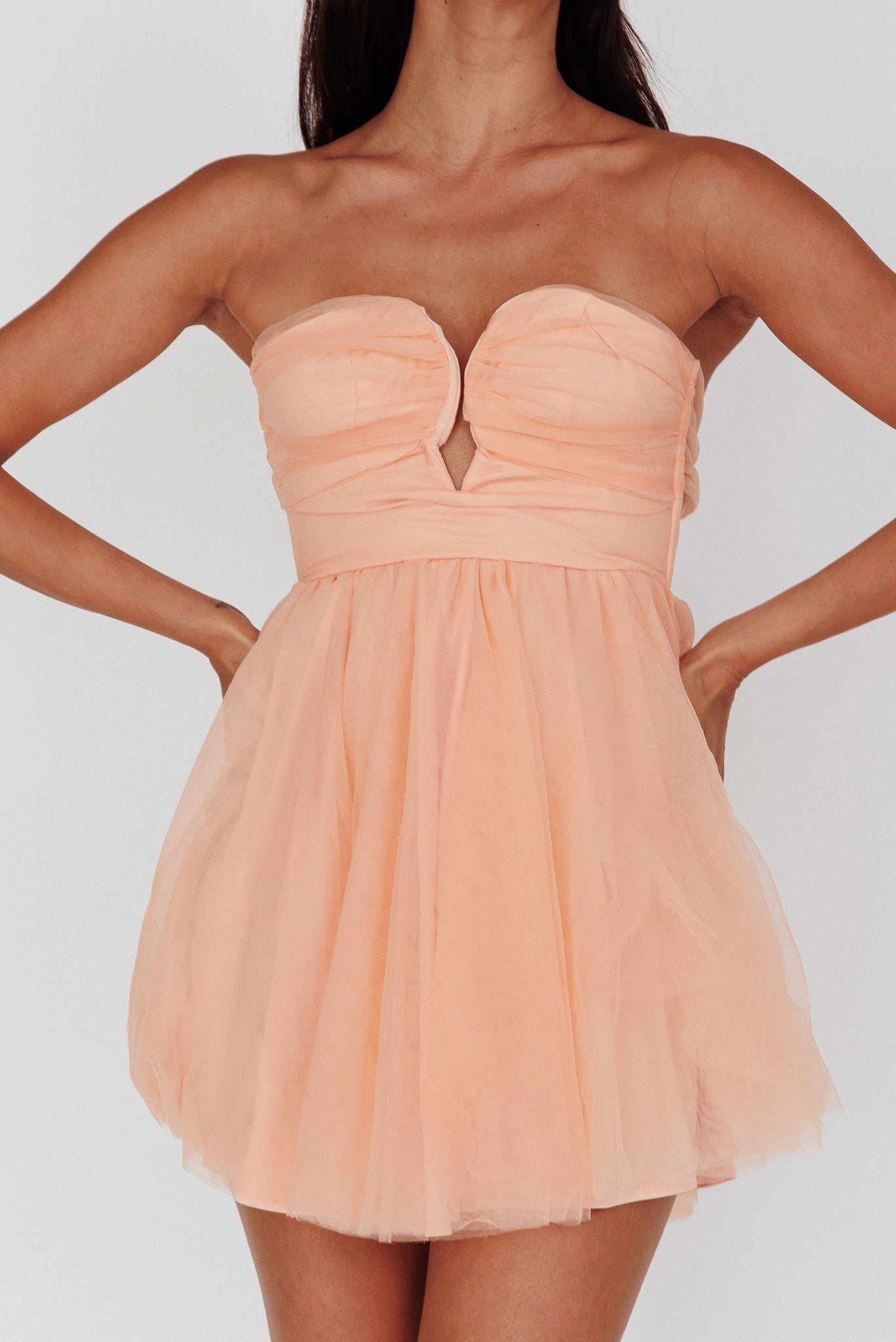 Summer Sweetheart Bow Back Mesh Mini Dress Peach-Maymioy
