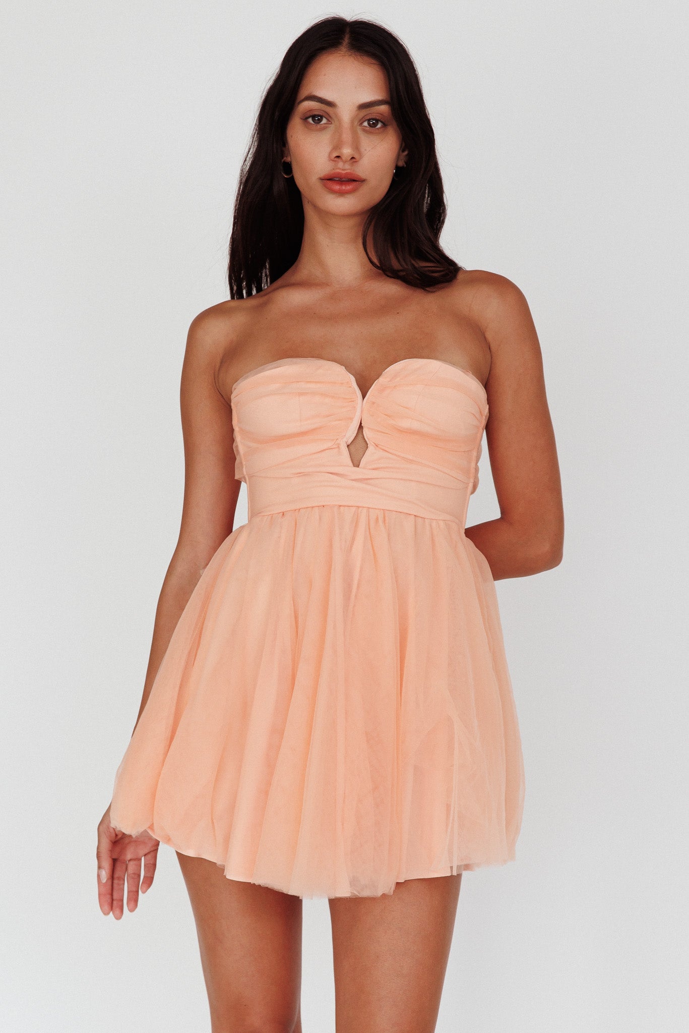 Summer Sweetheart Bow Back Mesh Mini Dress Peach-Maymioy