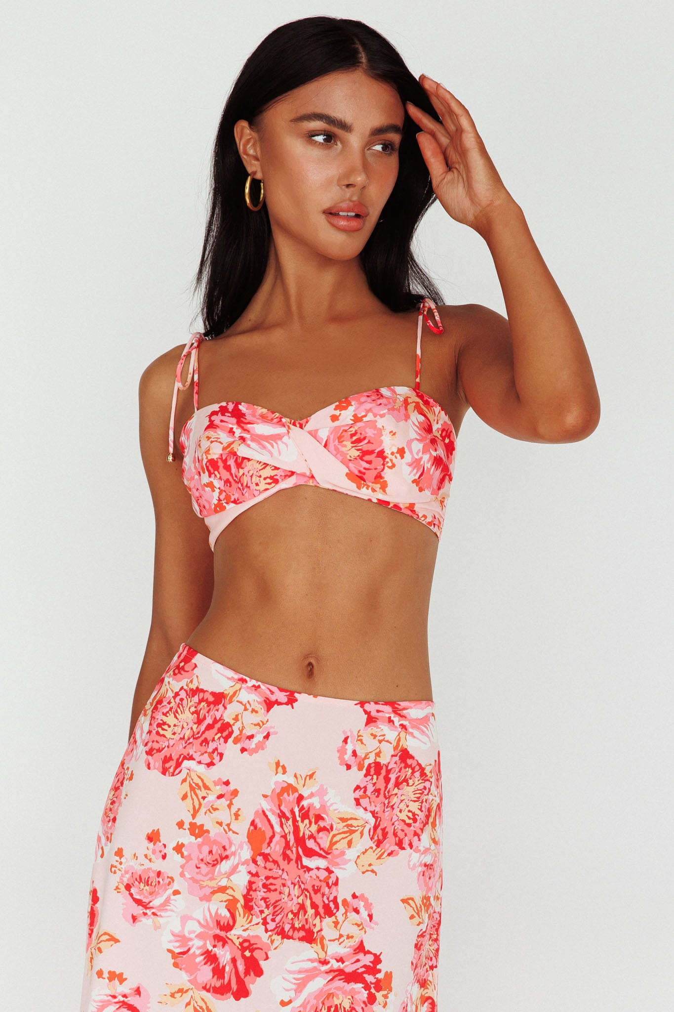 Gabbi Tied Shoulder Crop Top Floral Pink-Maymioy