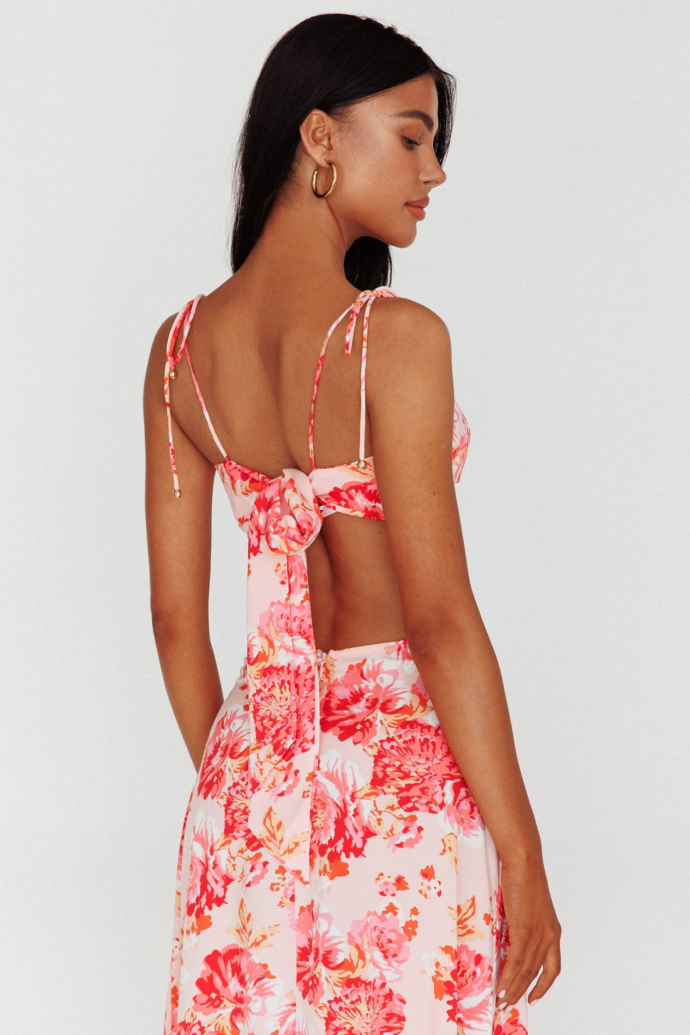 Gabbi Tied Shoulder Crop Top Floral Pink-Maymioy