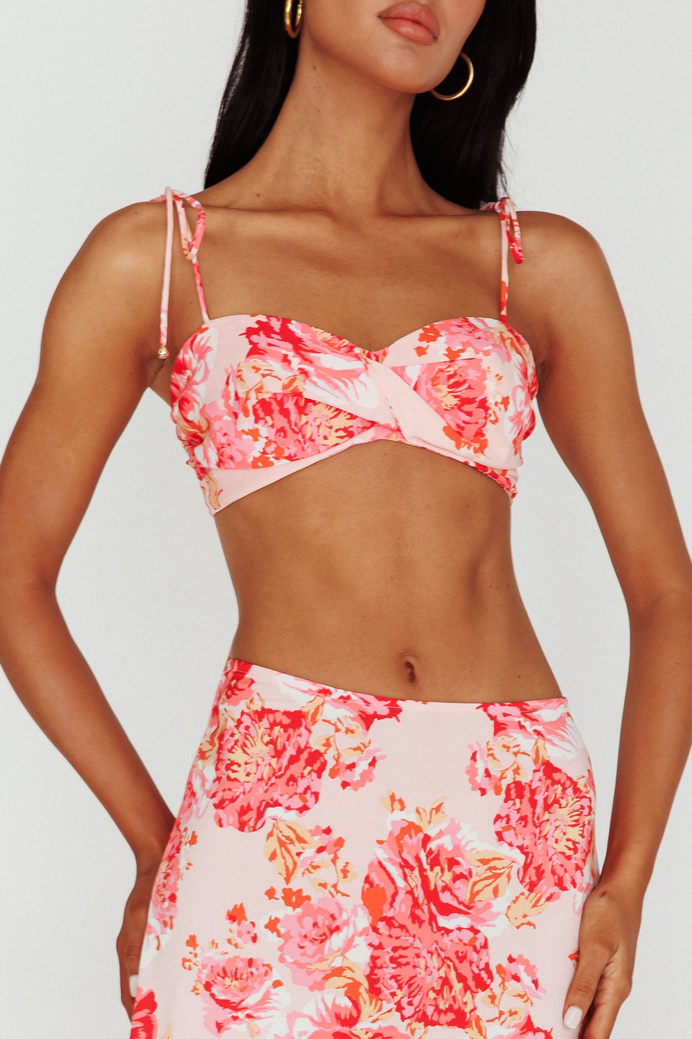 Gabbi Tied Shoulder Crop Top Floral Pink-Maymioy