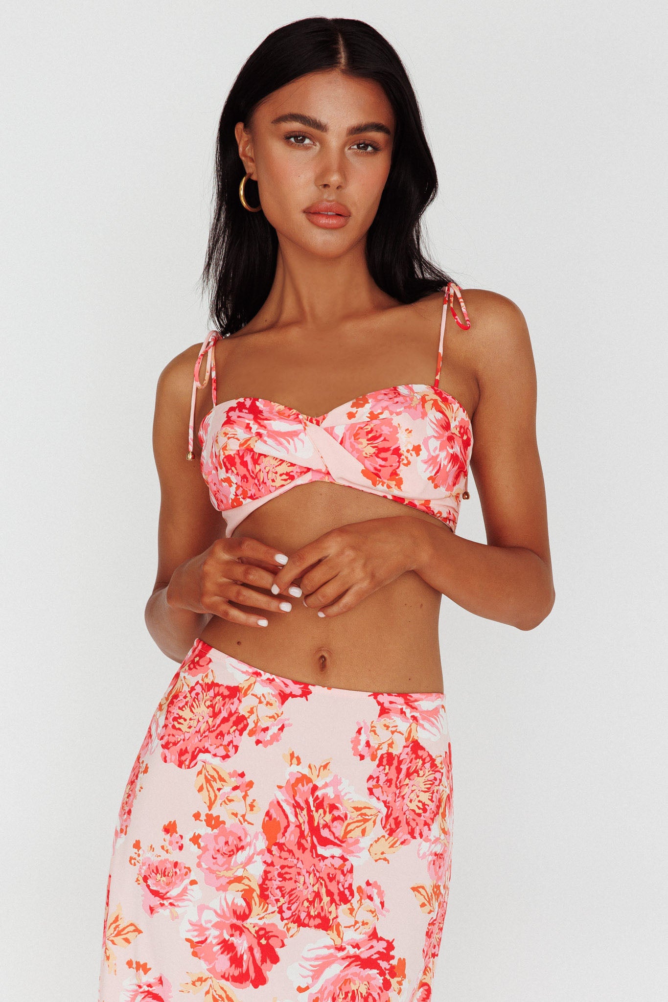 Gabbi Tied Shoulder Crop Top Floral Pink-Maymioy