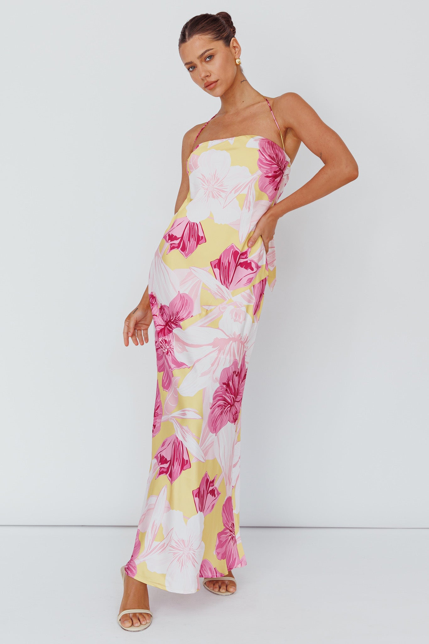 Jacquelynne Halter Cowl Back Maxi Dress Pink-Maymioy